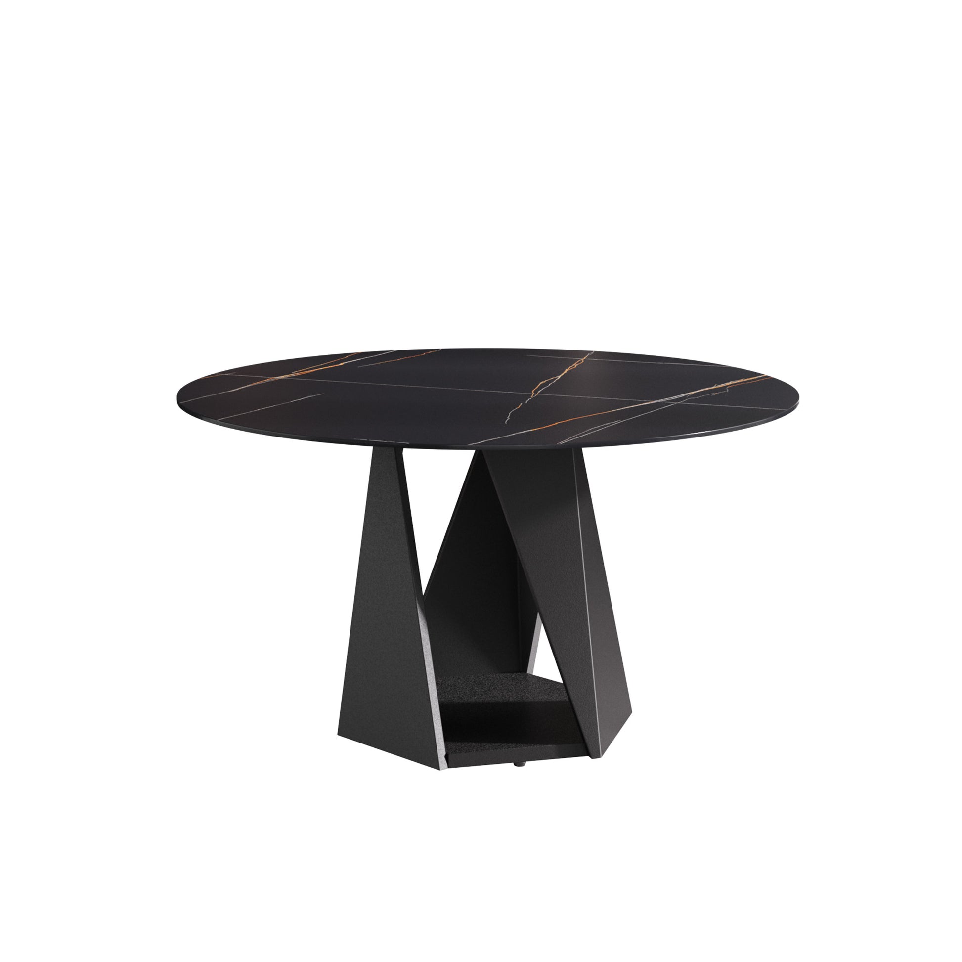 Round black ceramic marble top dining table with geometric metal base