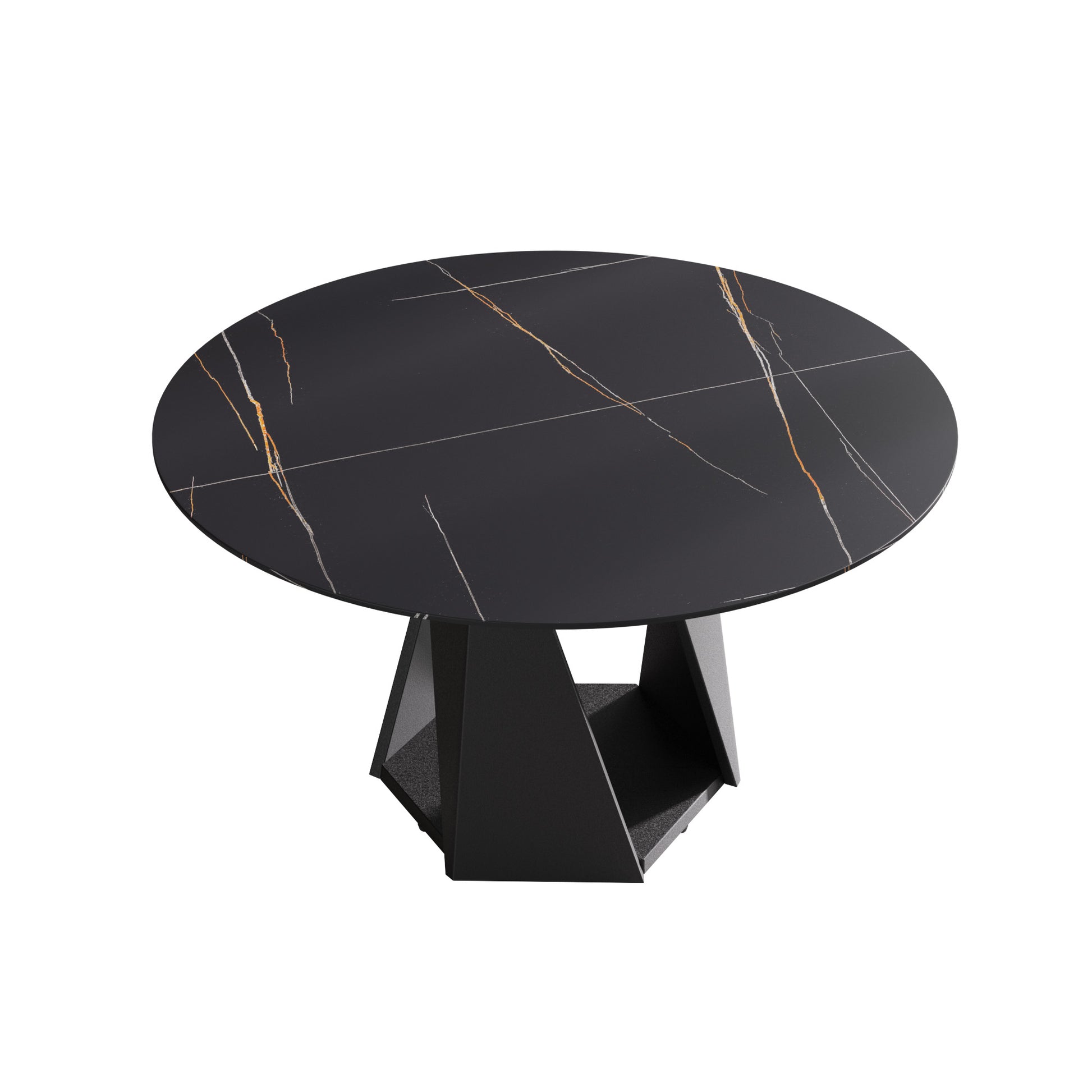 Round black sintered stone dining table with gold veining and geometric metal base