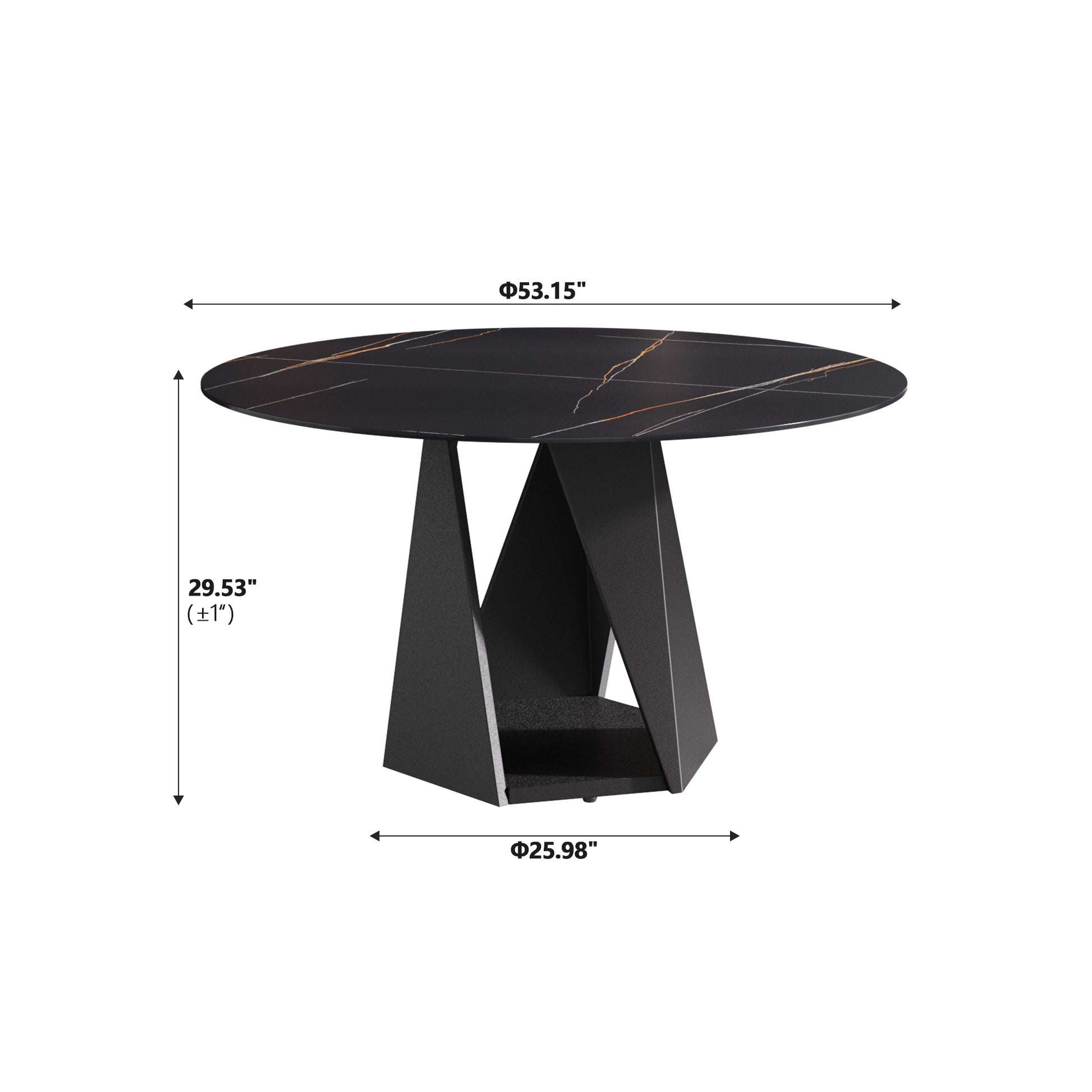 Round black marble coffee table with gold veining and geometric base