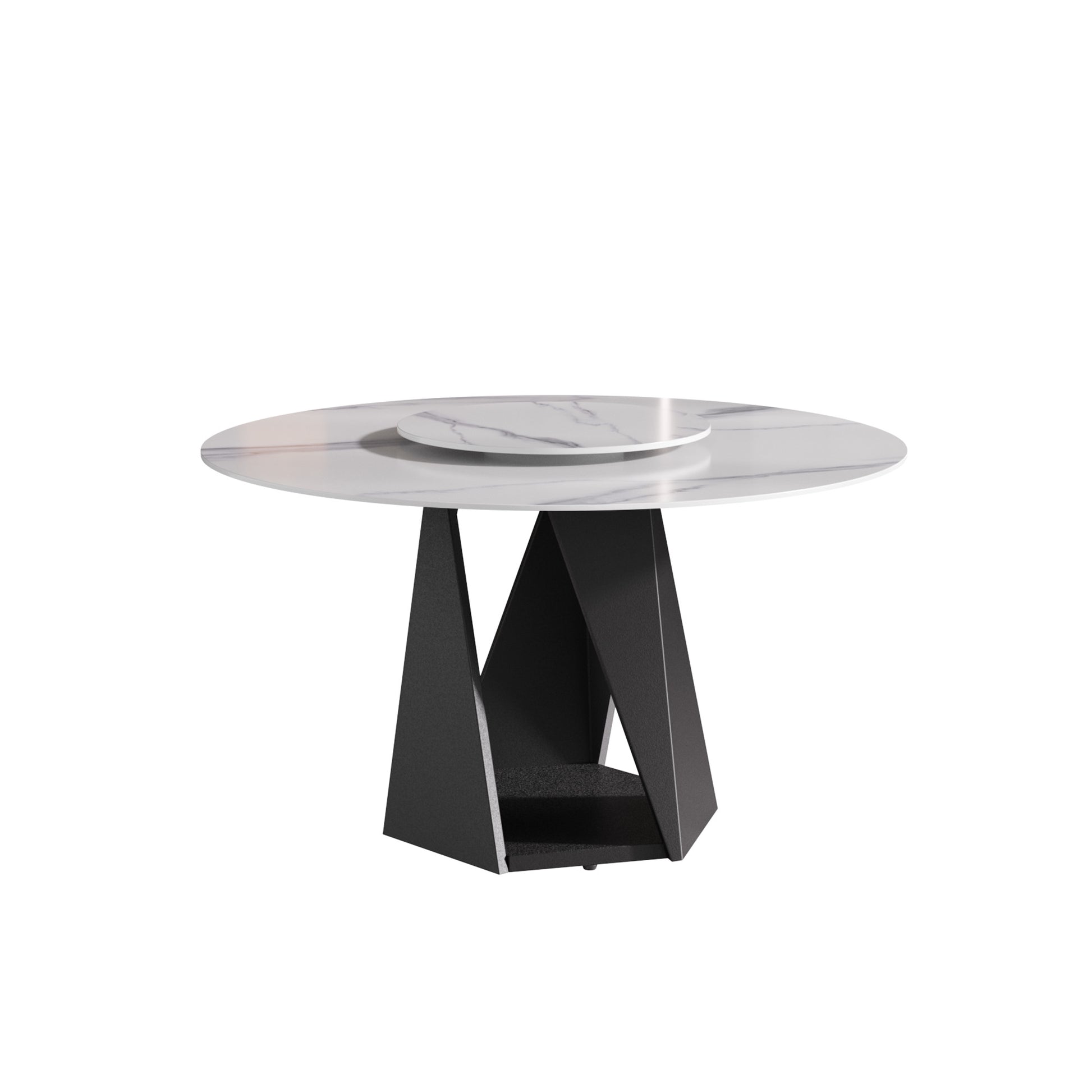 Modern round marble dining table with unique geometric black metal base