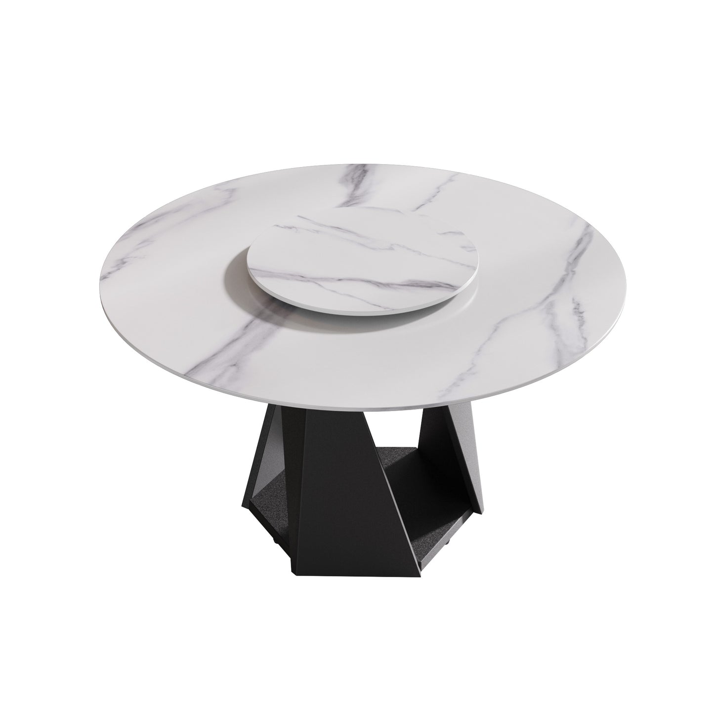 White marble rotating dining table with black geometric base