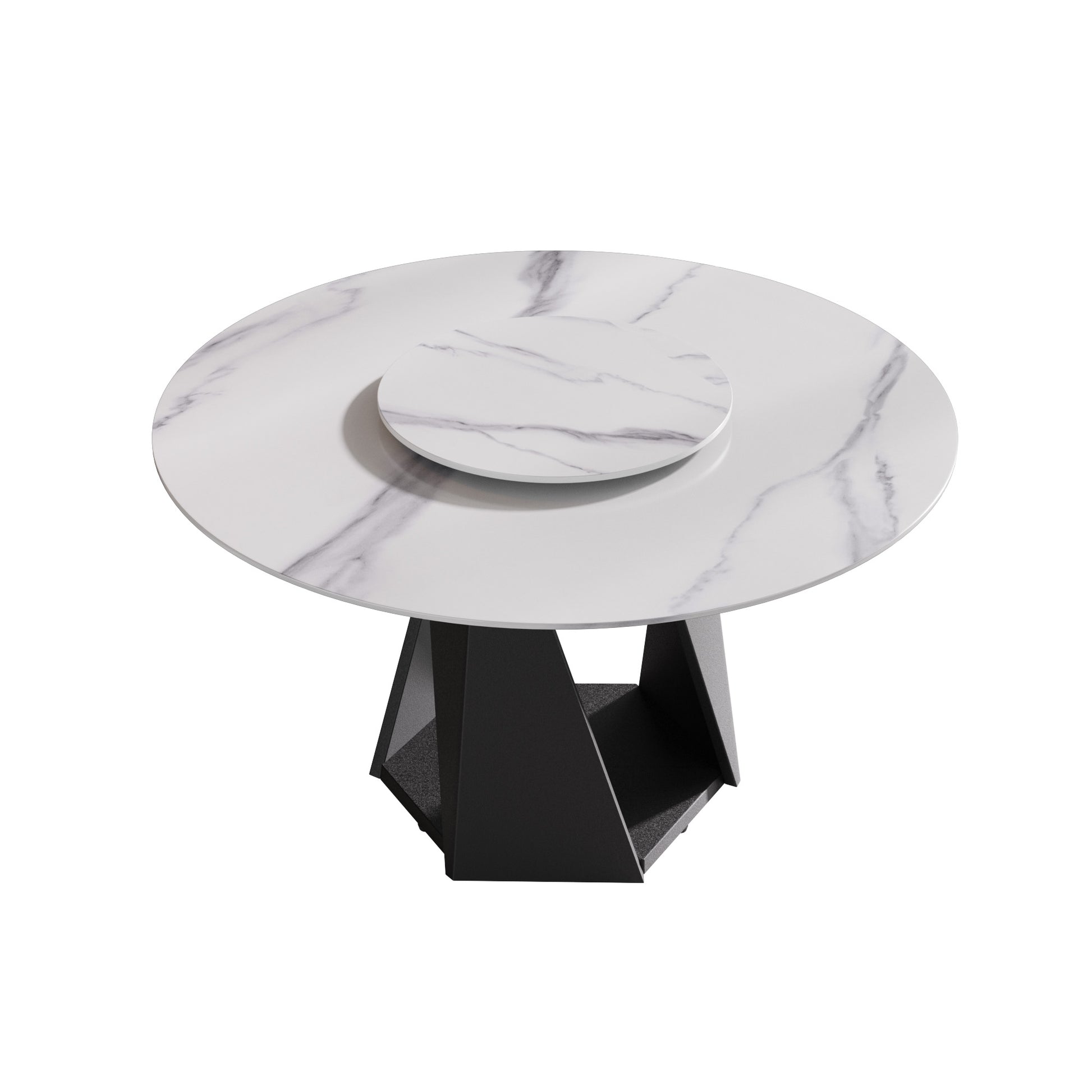 White marble rotating dining table with black geometric base