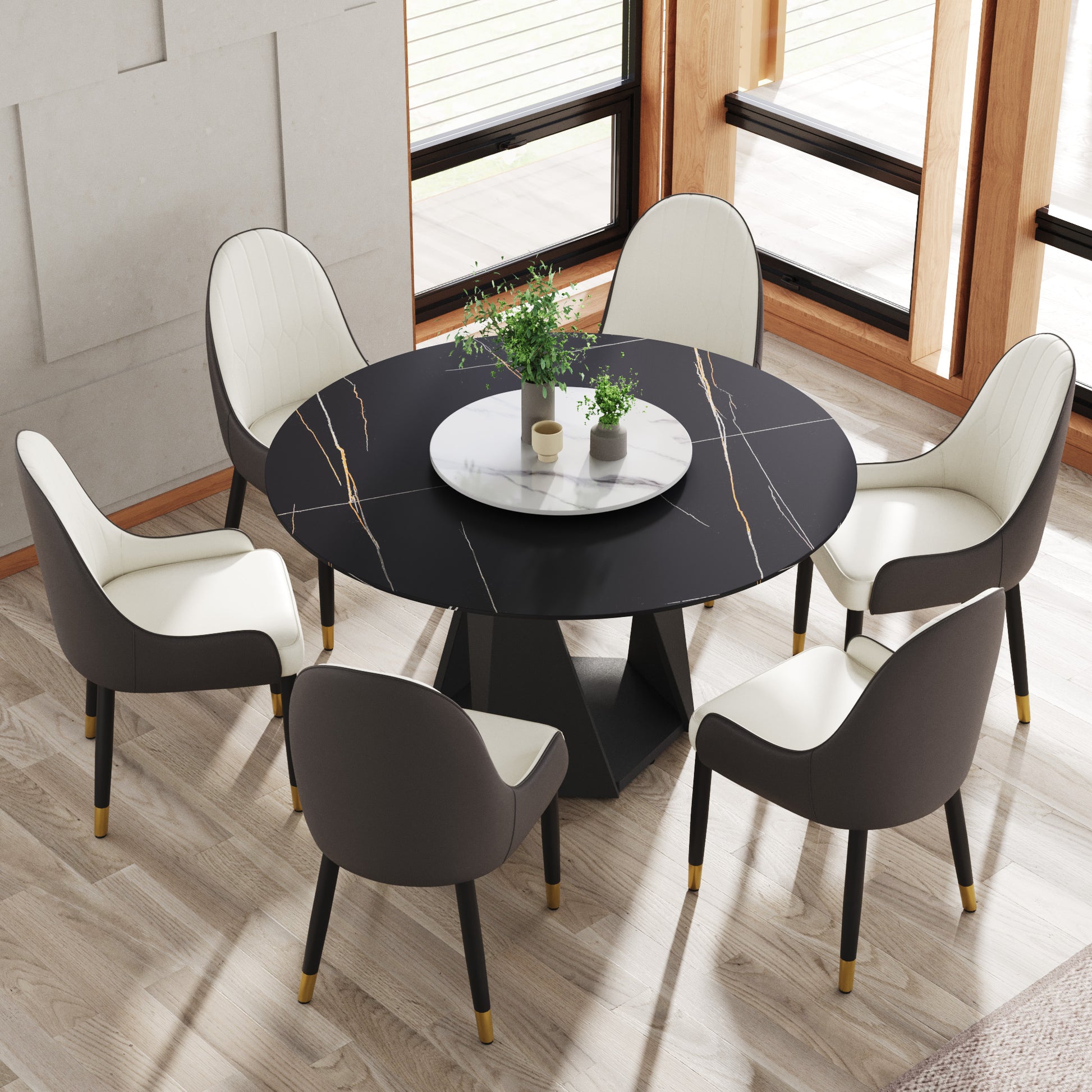 Black marble dining table with six chairs