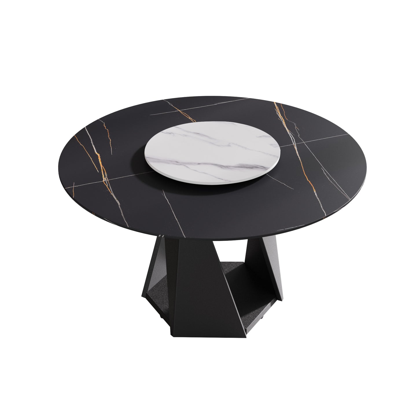 Black round sintered stone dining table with gold and silver veining