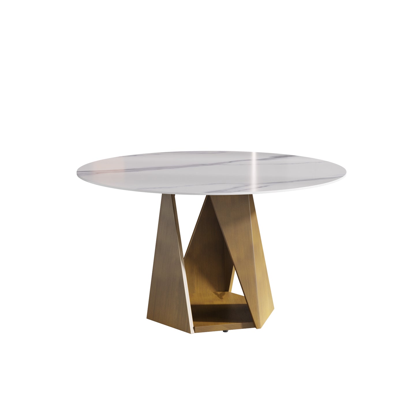 Round marble top dining table with brushed gold geometric base