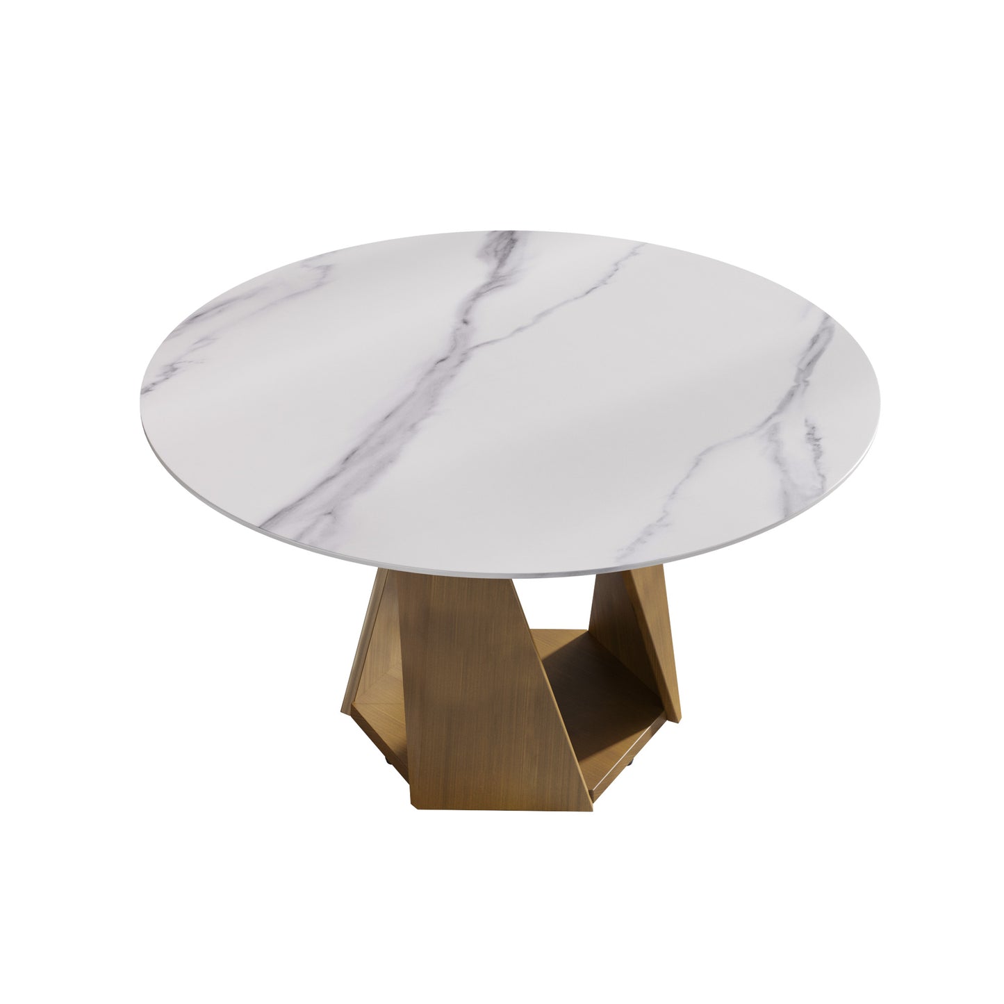 Round white marble top dining table with geometric bronze base
