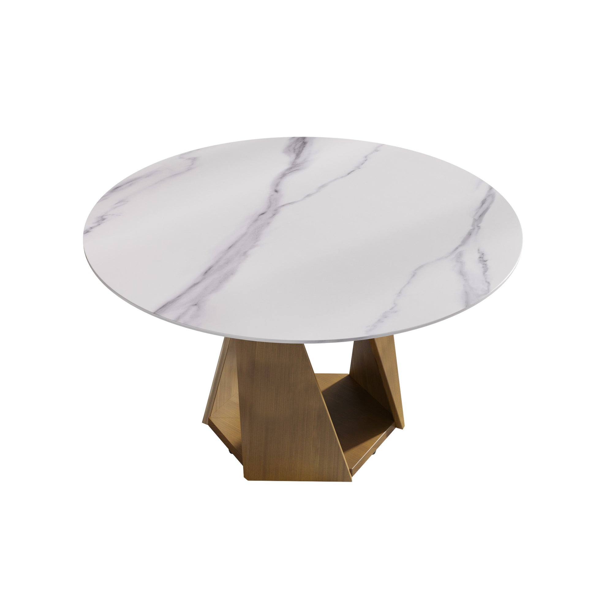 Round white marble top dining table with geometric bronze base