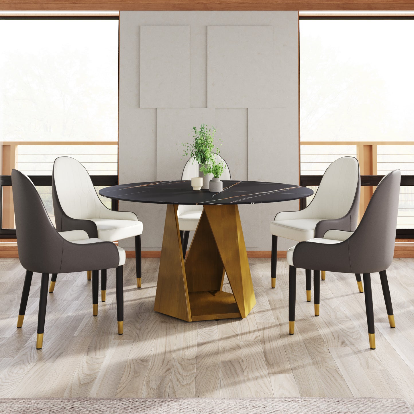 Black marble dining table with geometric gold base