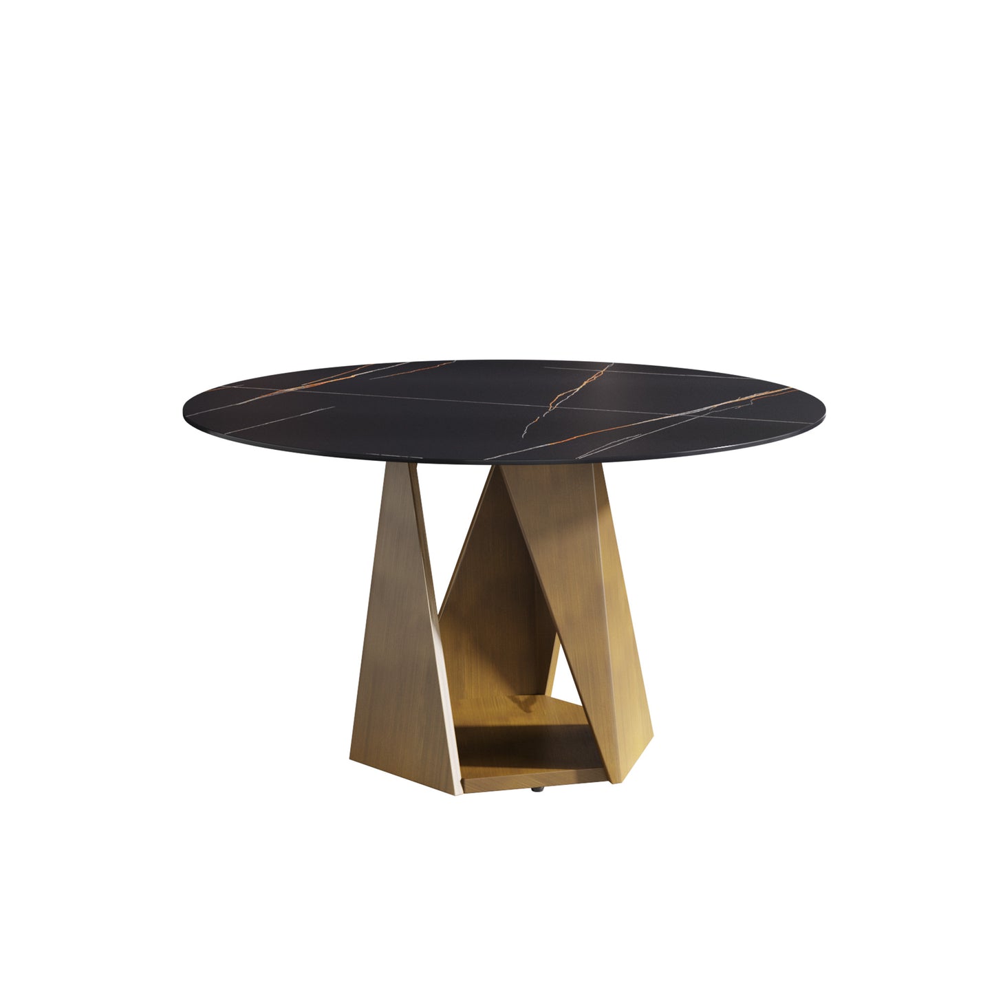 Round black marble dining table with gold veining and geometric brass base