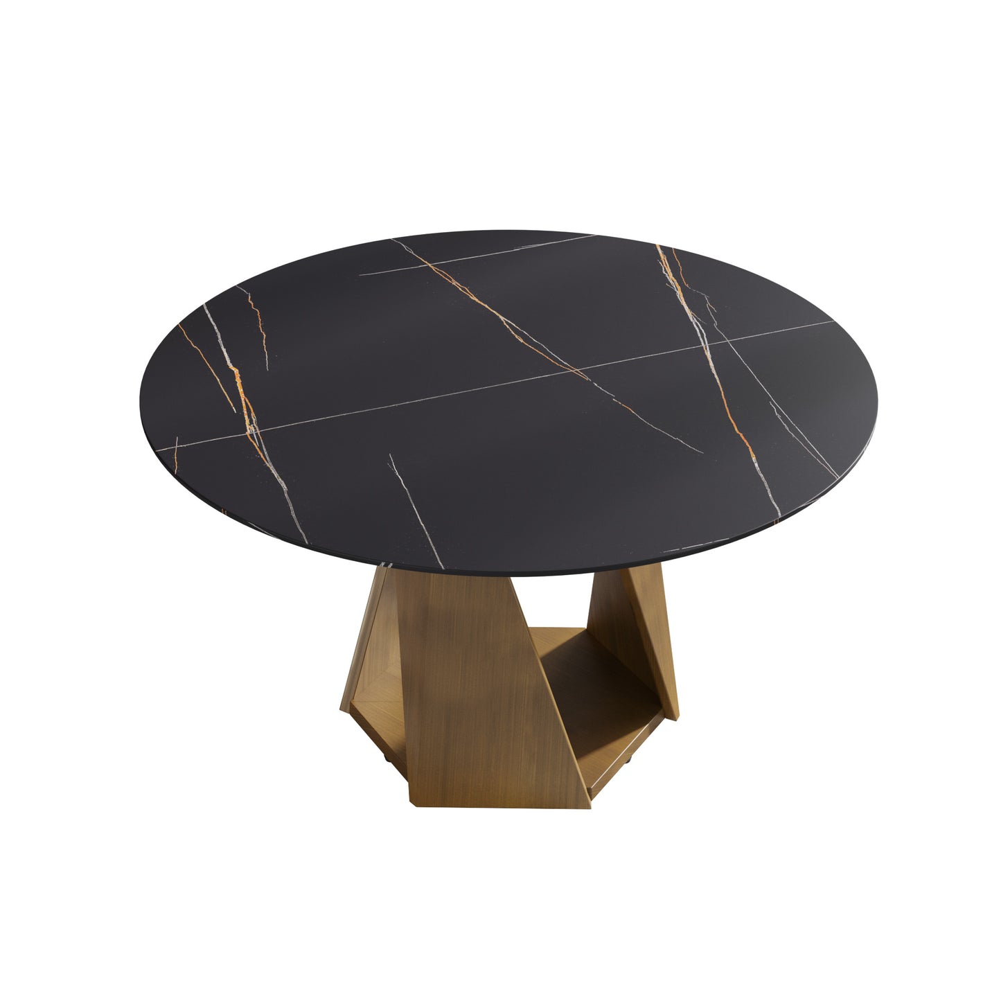 Black marble round dining table with gold accents and a geometric metal base