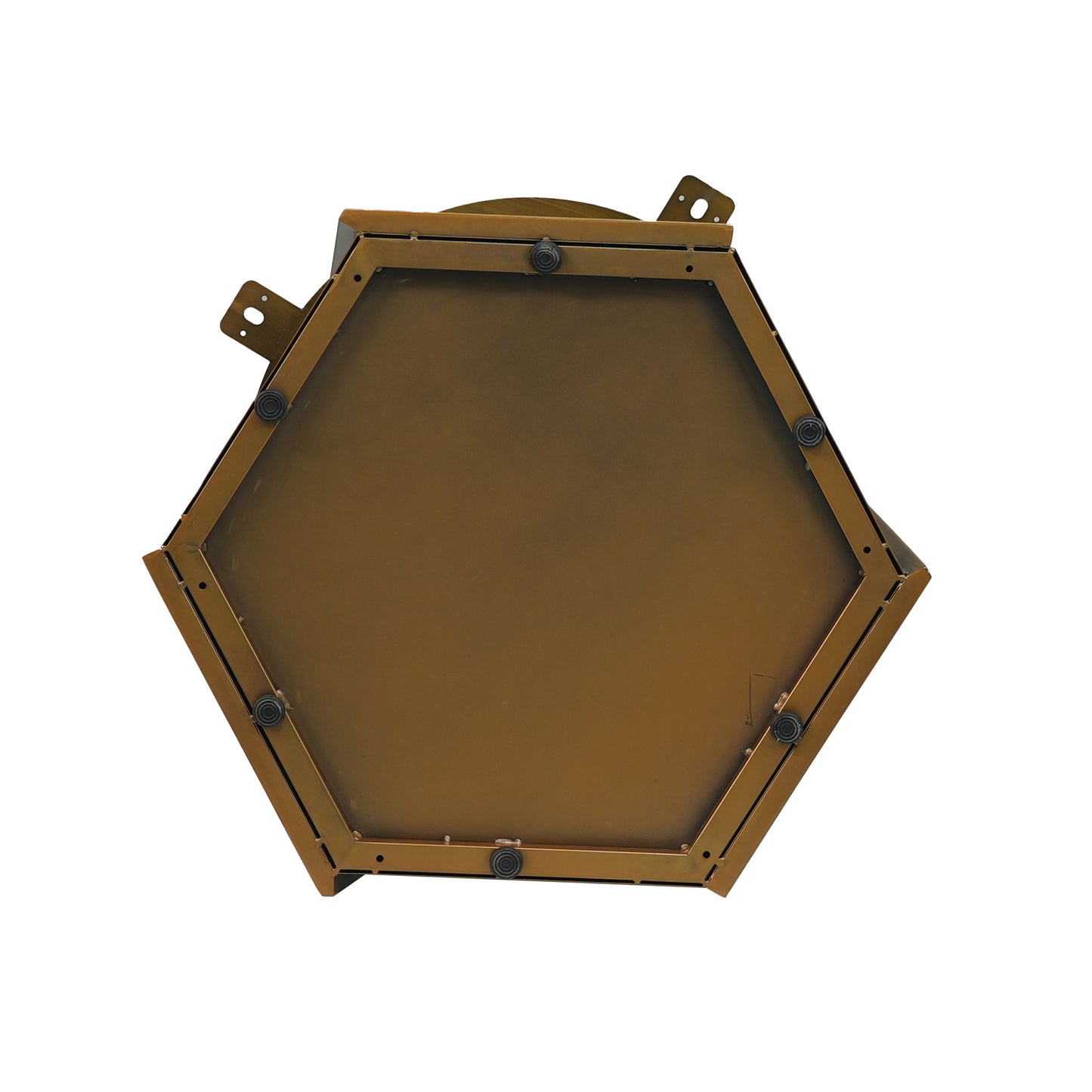 Golden hexagonal metal box bottom with visible screws and brackets