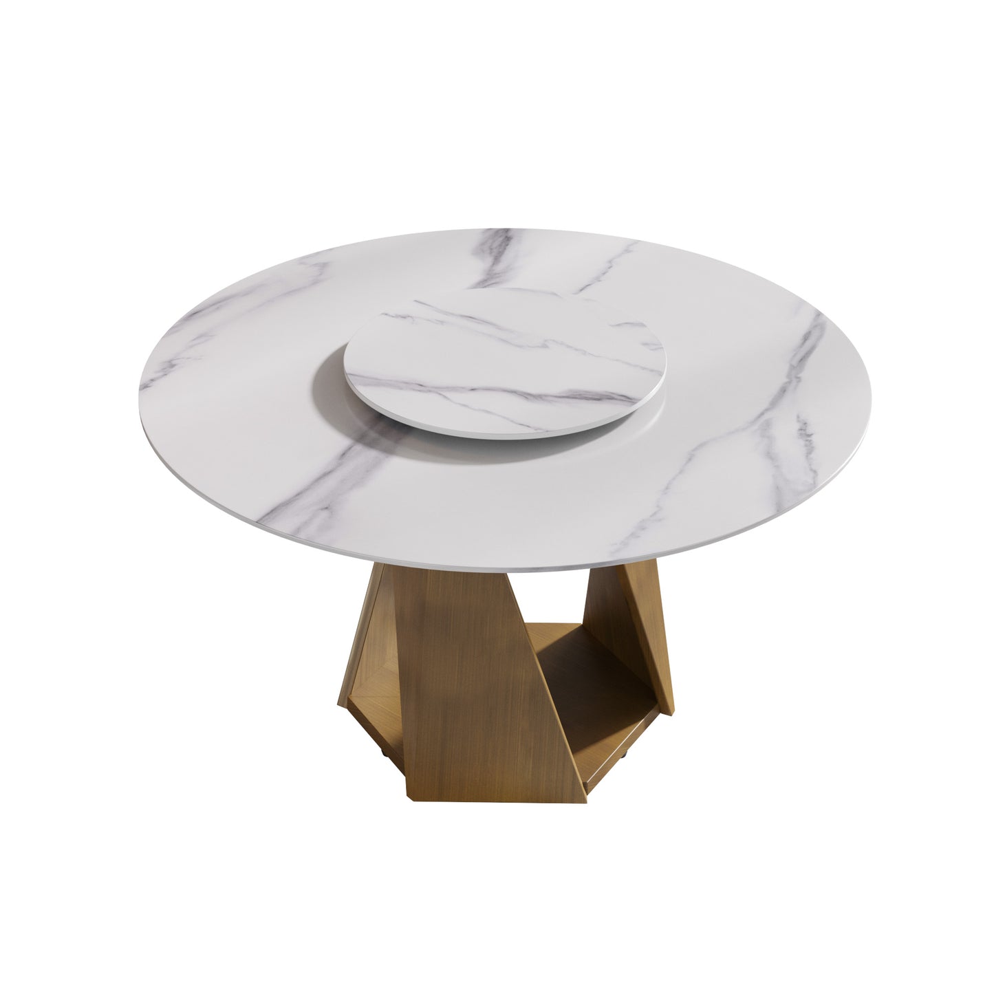 Round marble dining table with gold geometric base