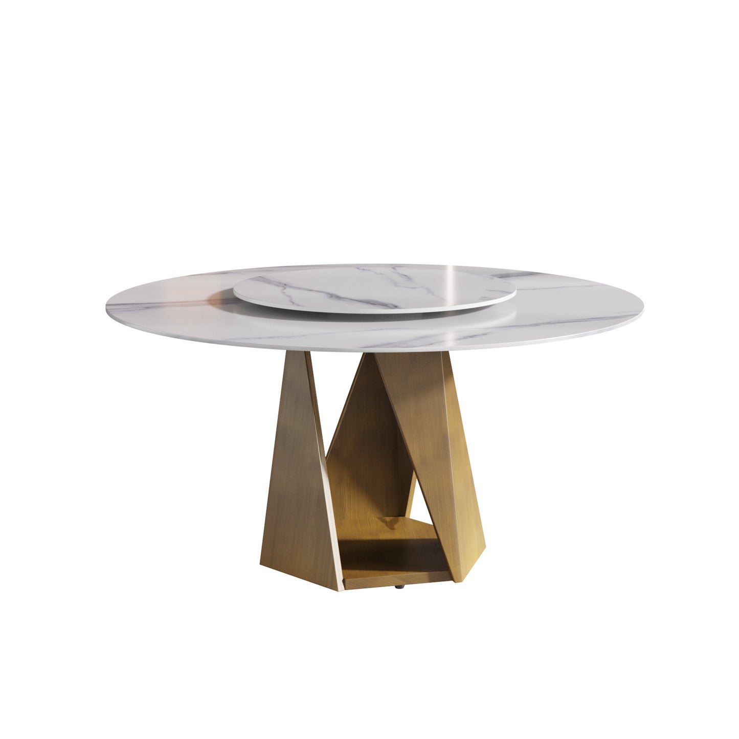 Modern marble dining table with brushed gold geometric base and lazy Susan