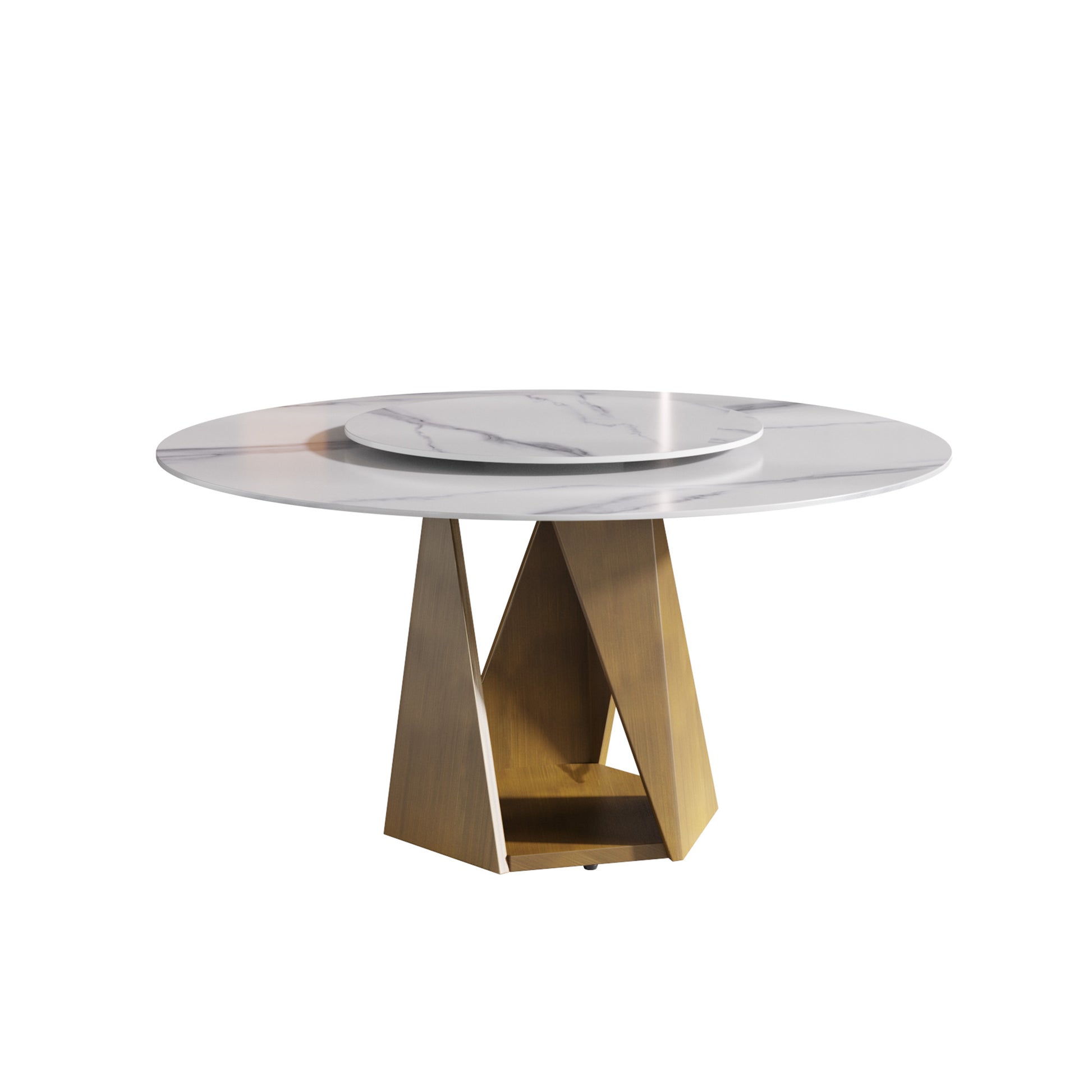 Modern marble dining table with brushed gold geometric base and lazy Susan