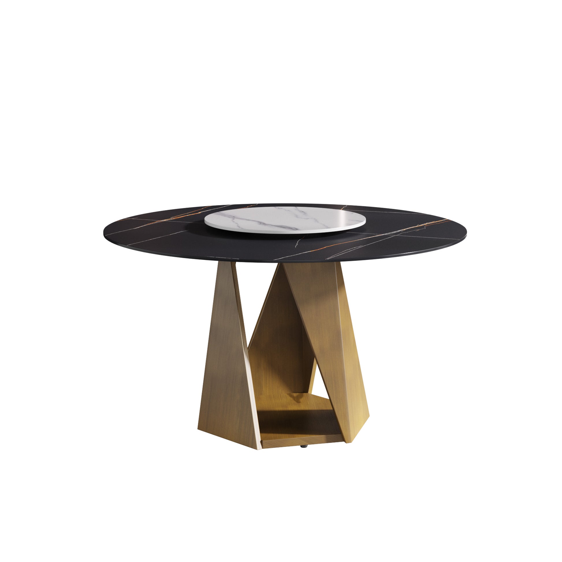 Round black marble dining table with gold veining and a brass geometric base