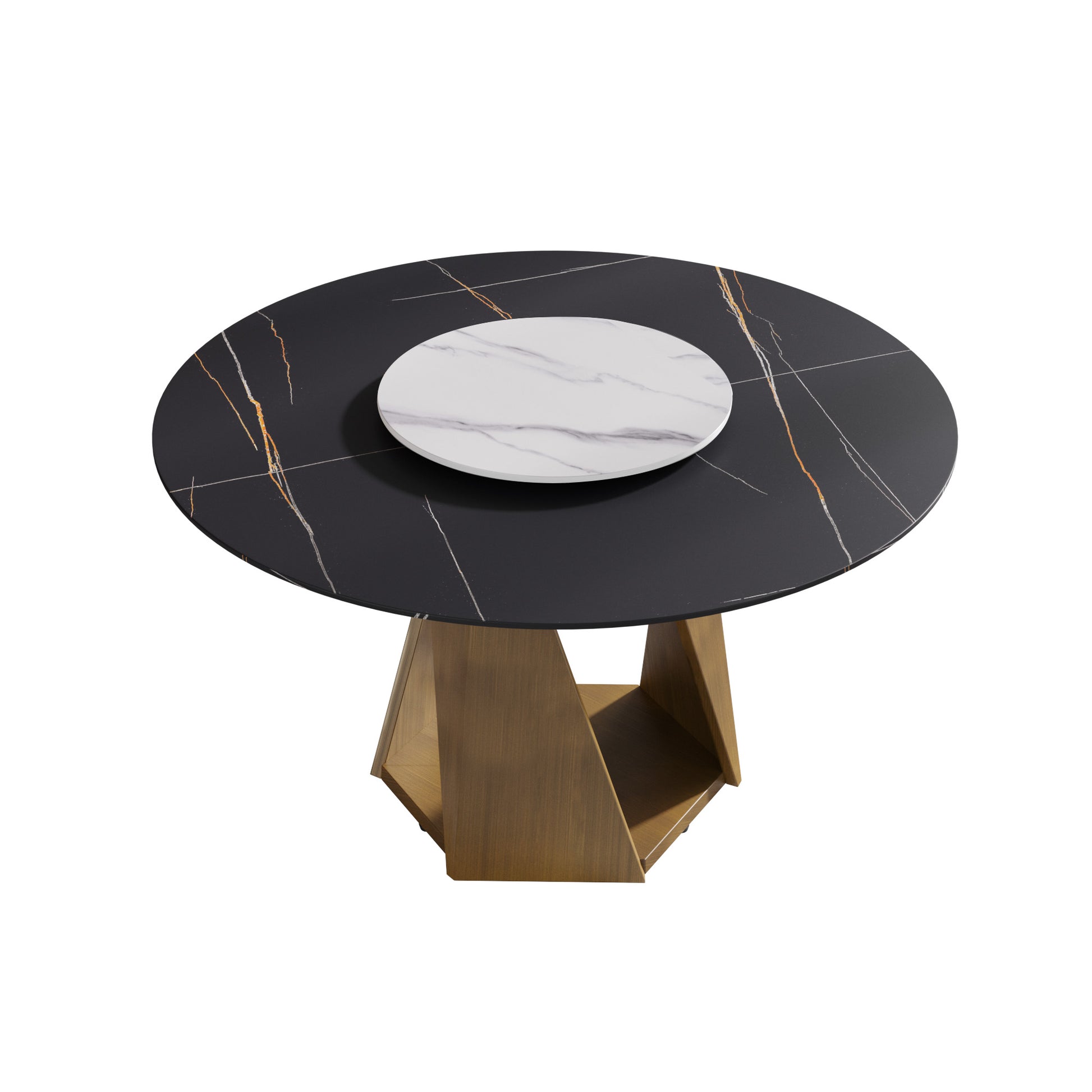 Black marble dining table with gold veining and a white marble lazy susan