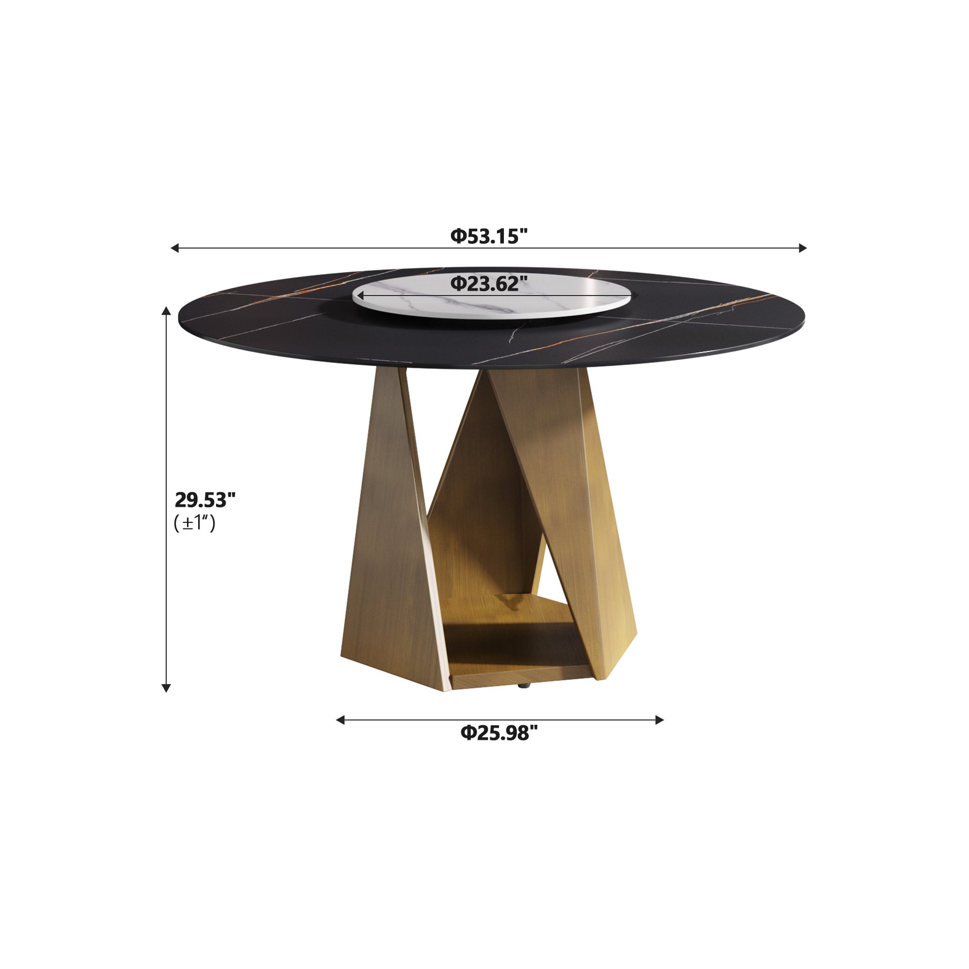 Round black marble dining table with gold veining and a geometric gold base