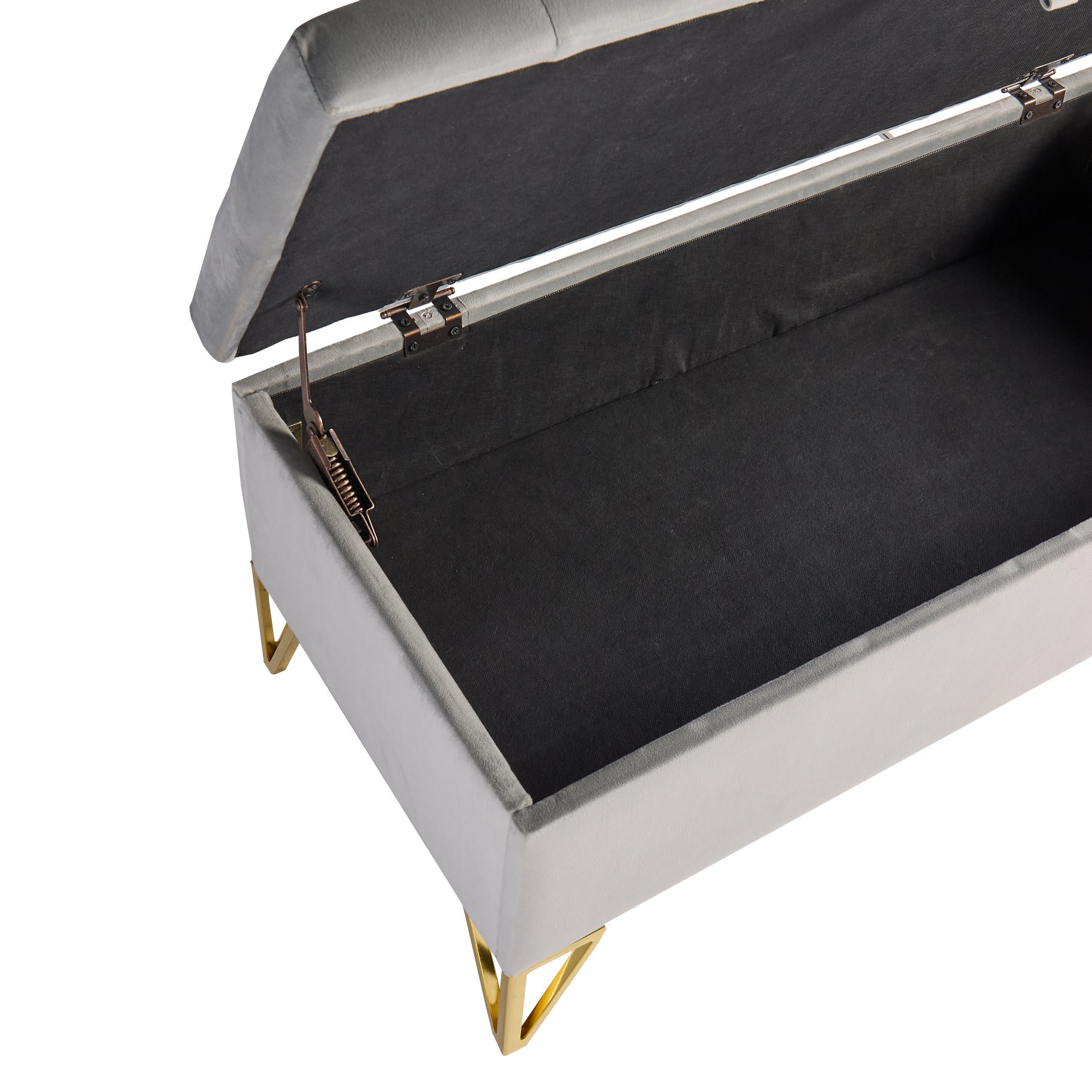 Light grey velvet storage ottoman with open lid and gold legs