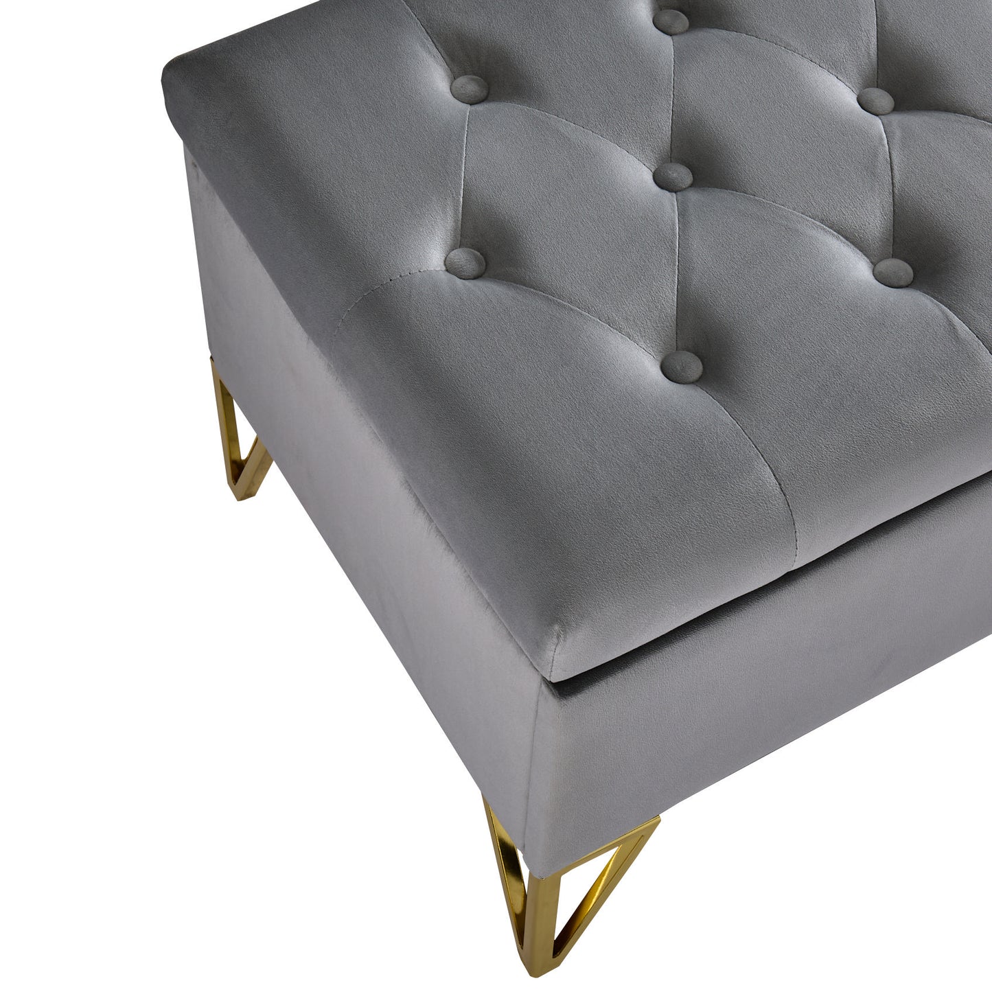 Grey velvet storage ottoman with tufted lid and gold metal legs