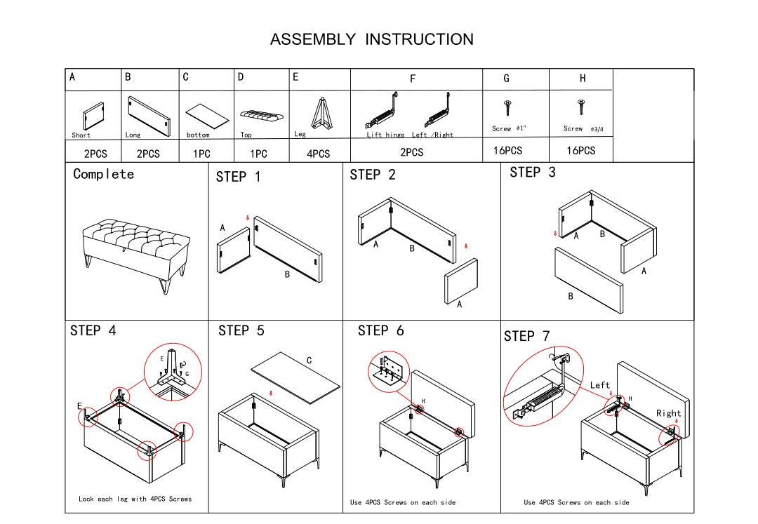 Tufted storage bench assembly diagram showing parts and steps