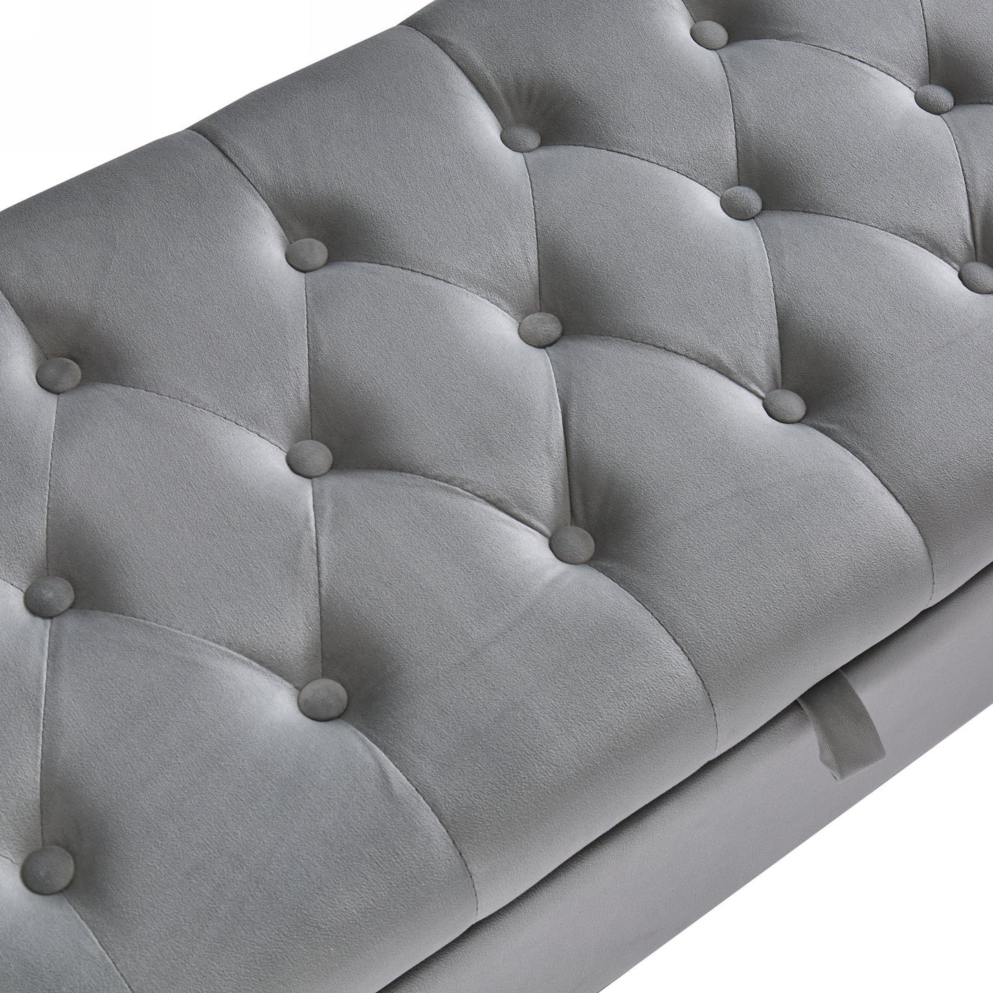 Gray velvet tufted storage ottoman with button accents
