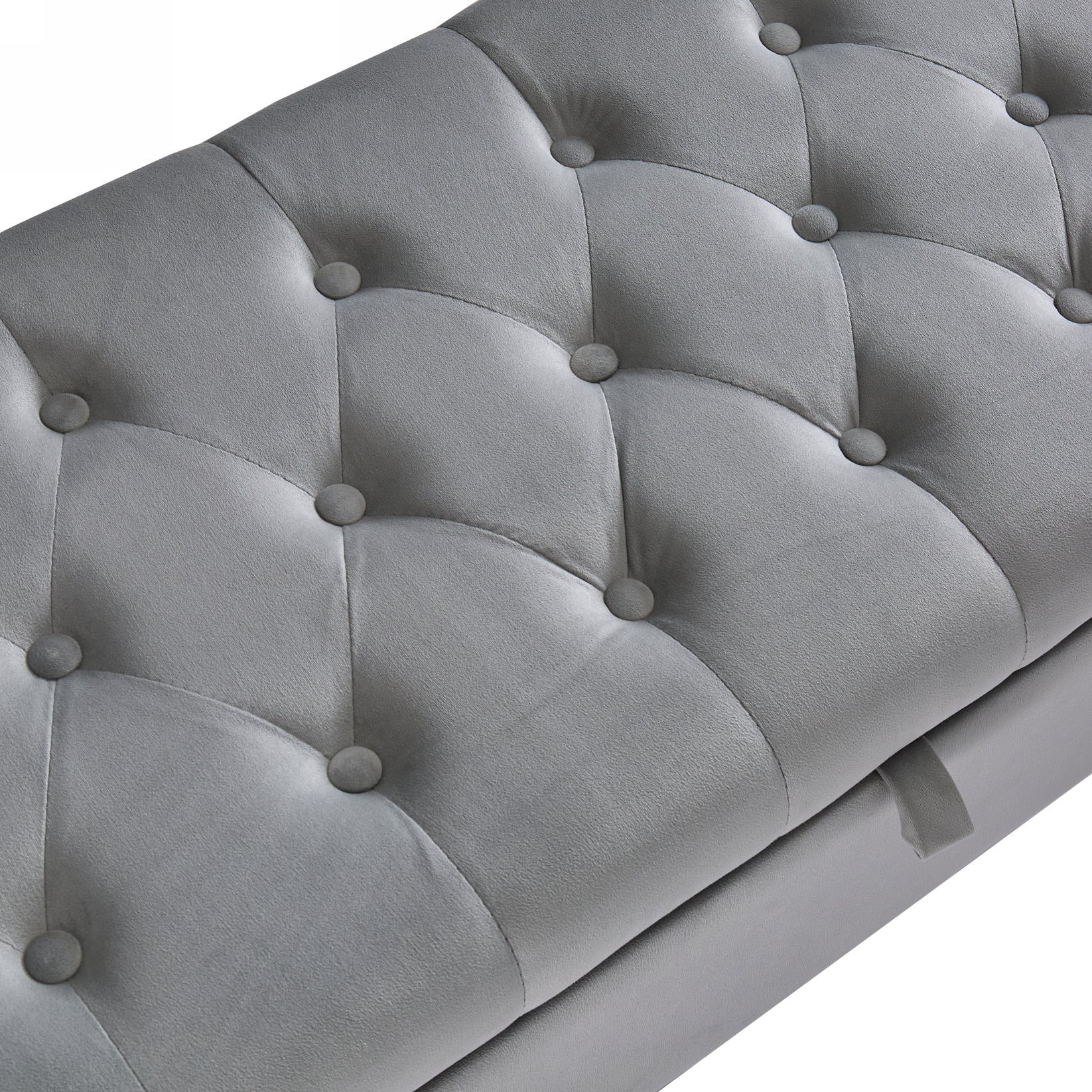 Gray velvet tufted storage ottoman with button accents