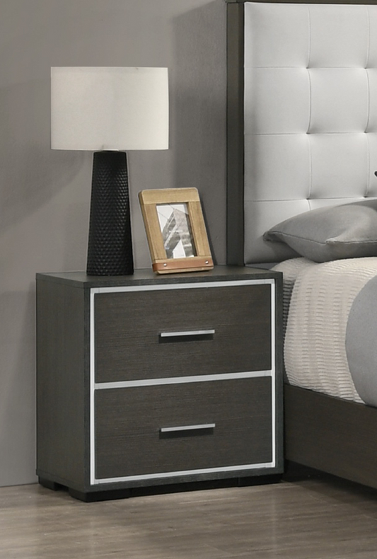 Dark gray wooden nightstand with two drawers and silver trim