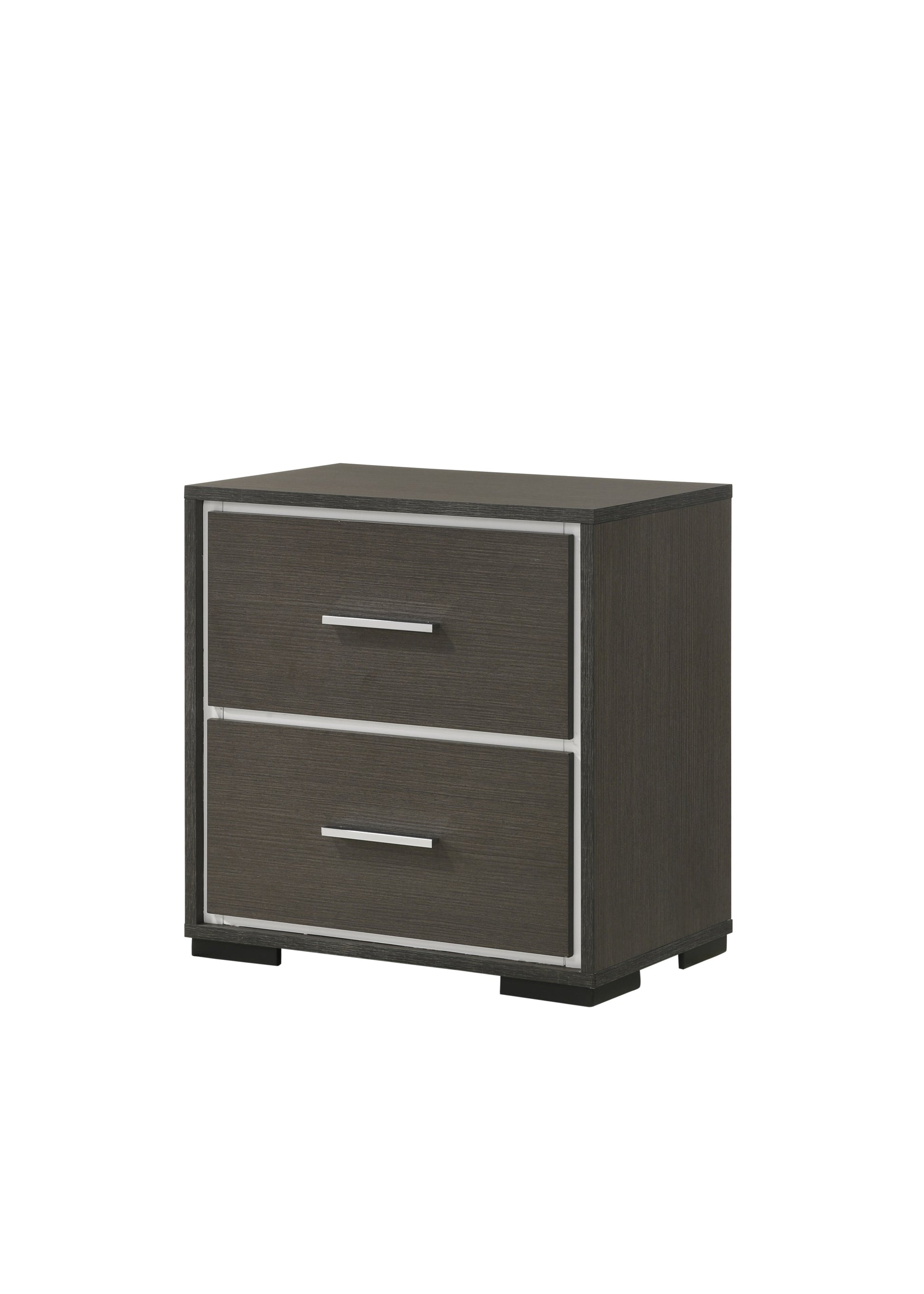 Dark wood grain twodrawer nightstand with silver hardware and white trim