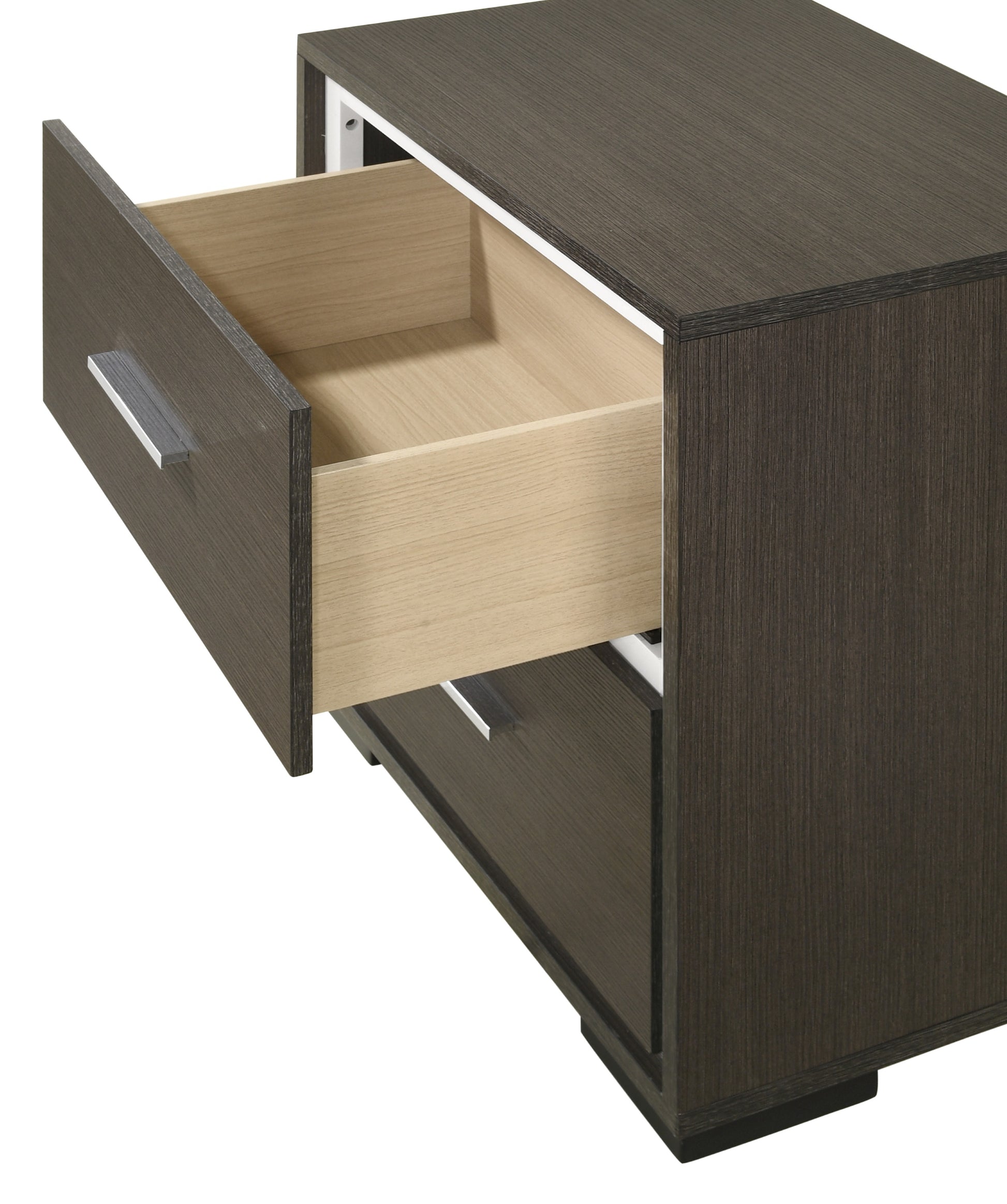 Dark gray laminate nightstand with one open drawer and a silver handle
