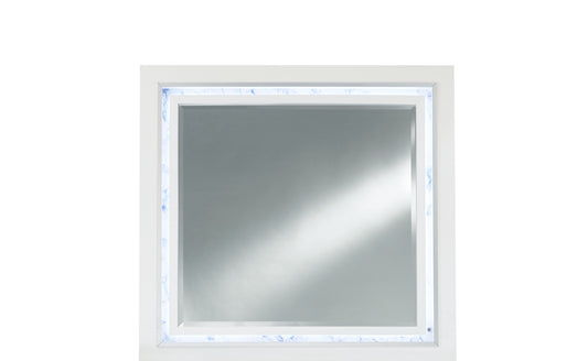 Modern square wall mirror with integrated LED lighting and blue marble accent trim