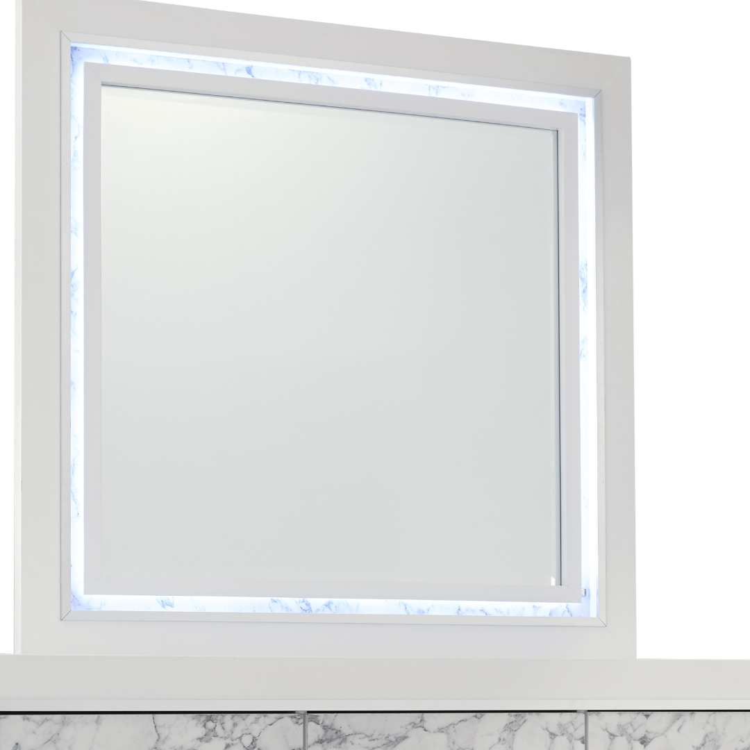 White framed vanity mirror with integrated LED lighting and marble accents
