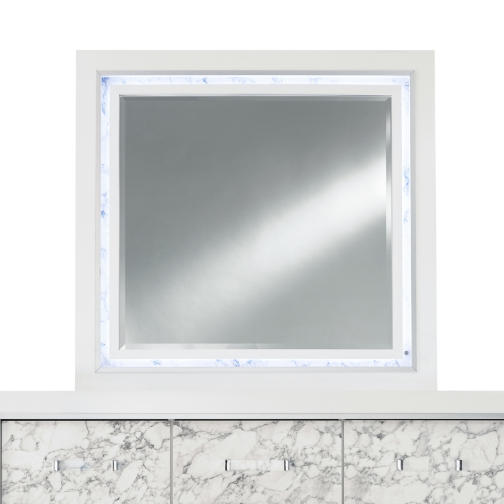Modern illuminated vanity mirror with white frame and blue marbled accents