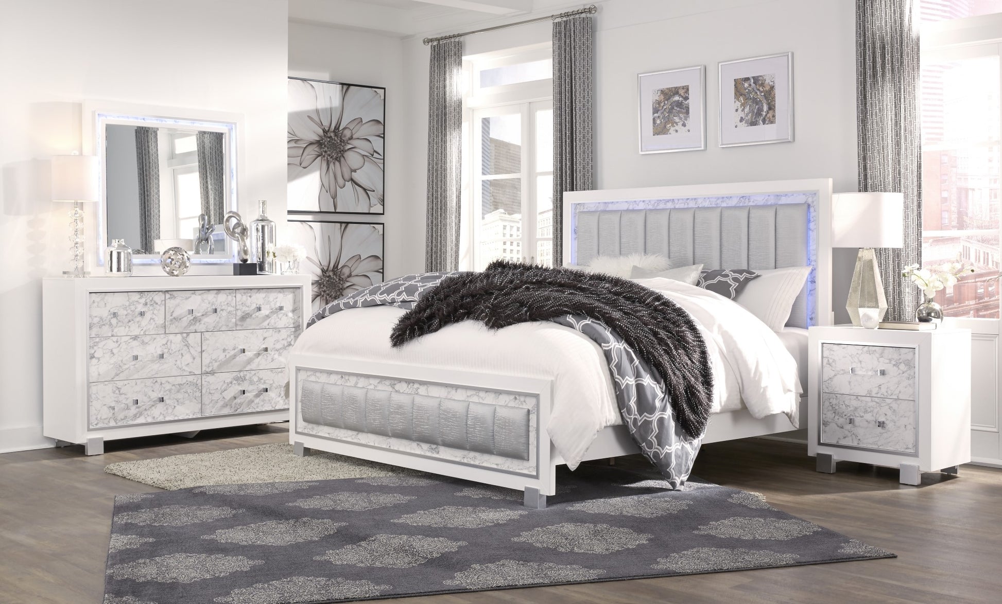 Modern white bed frame with LED headboard and marble accents