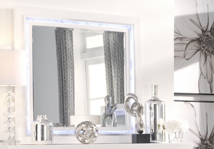 Modern LED wall mirror with white frame and blue accents