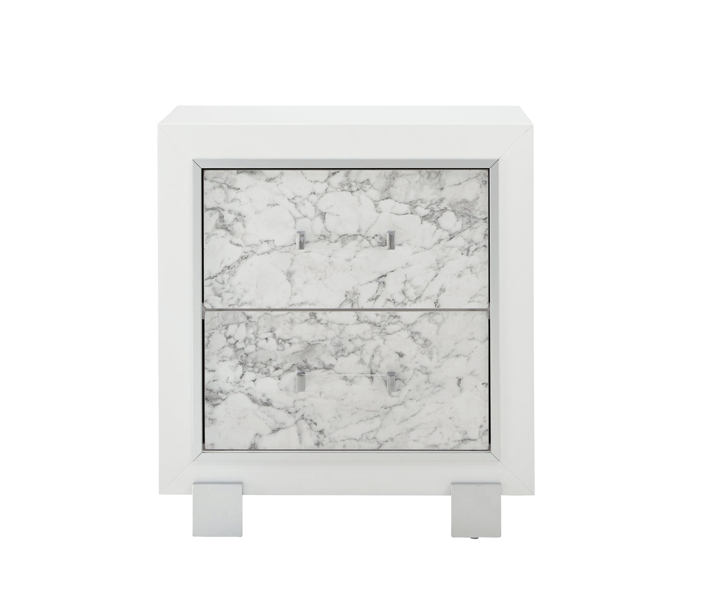 White high gloss nightstand with marble veneer drawer fronts and chrome handles