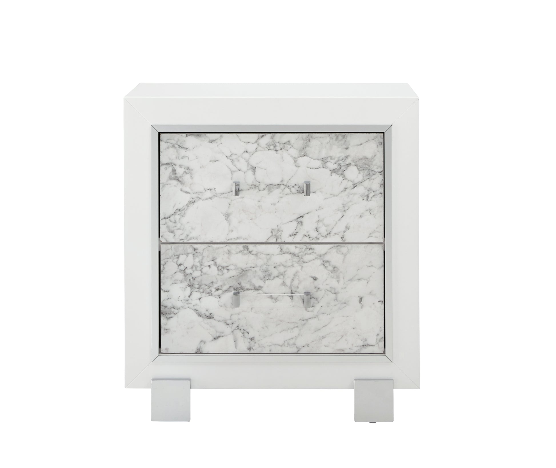 White high gloss nightstand with marble veneer drawer fronts and chrome handles