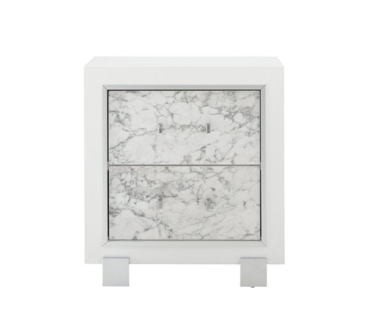 White high gloss nightstand with marble veneer drawer fronts and chrome handles