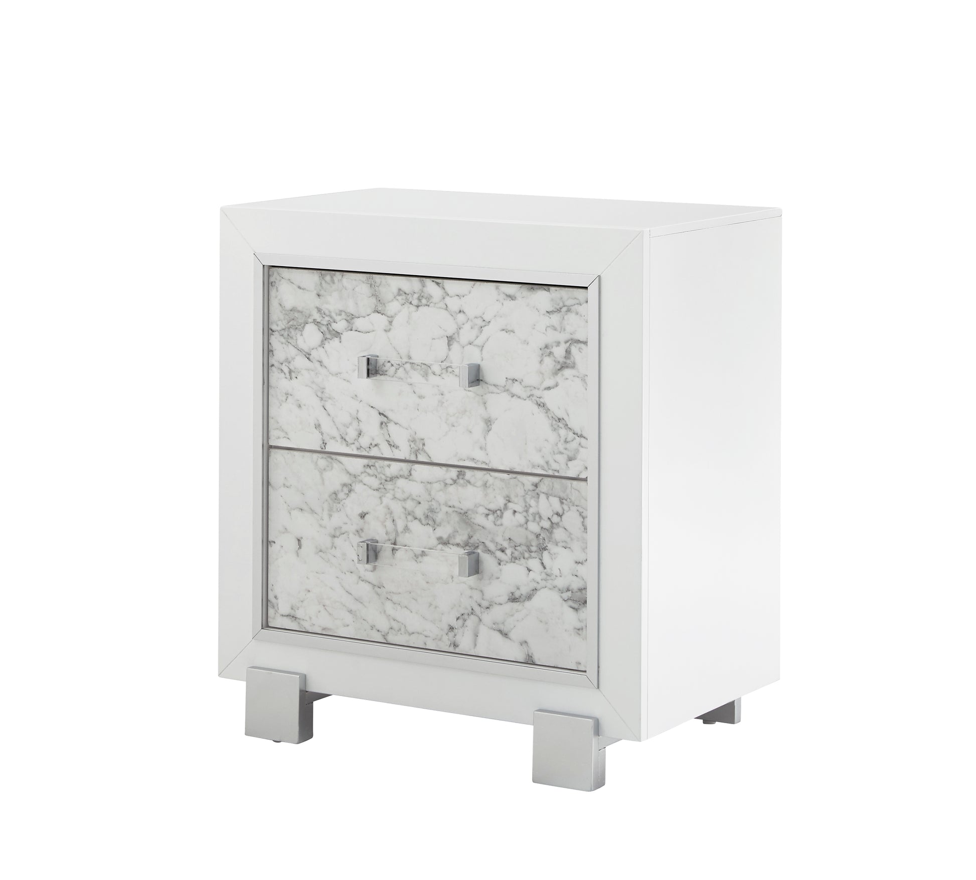 White twodrawer nightstand with marbled drawer fronts and silver hardware