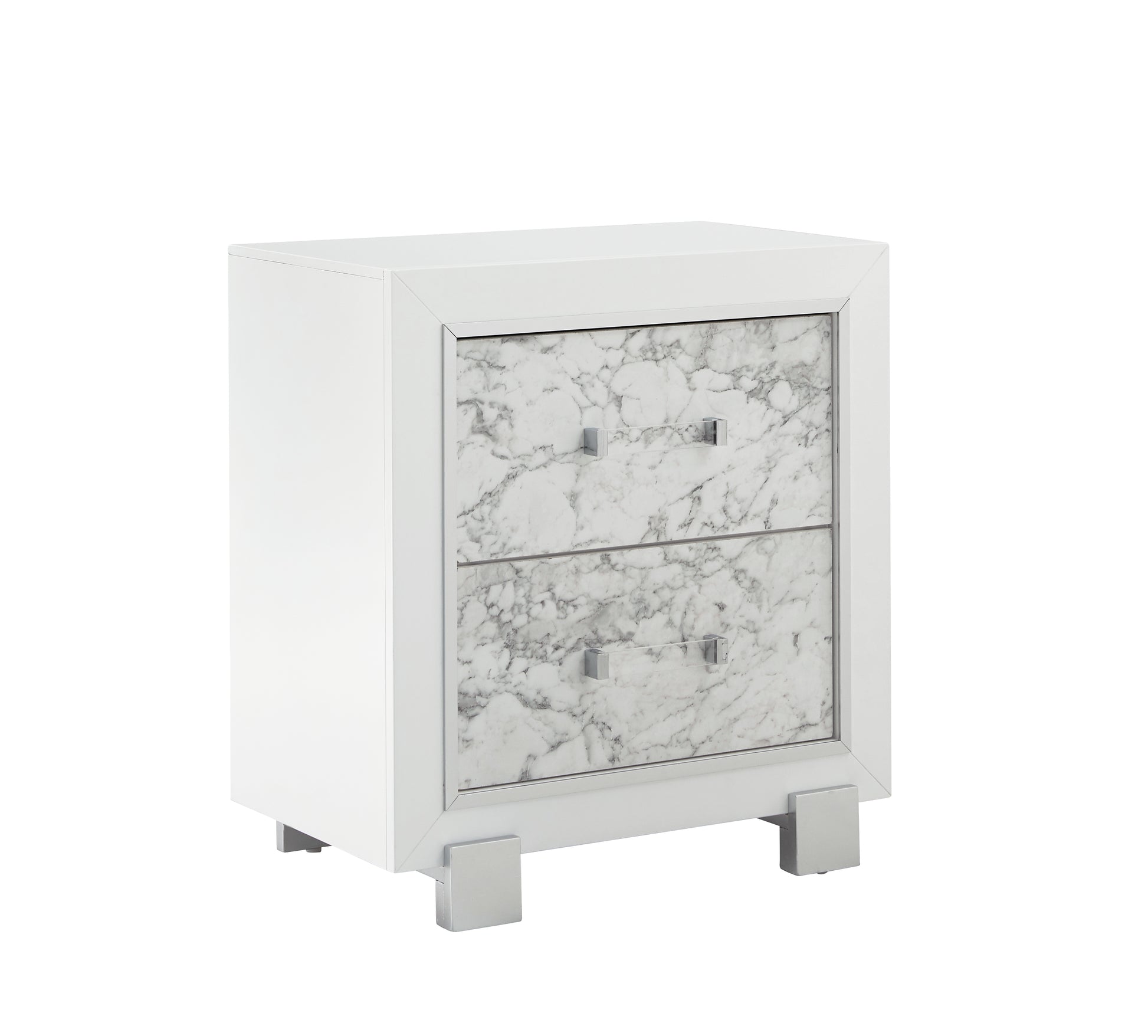 White nightstand with faux marble drawer fronts and silver square handles
