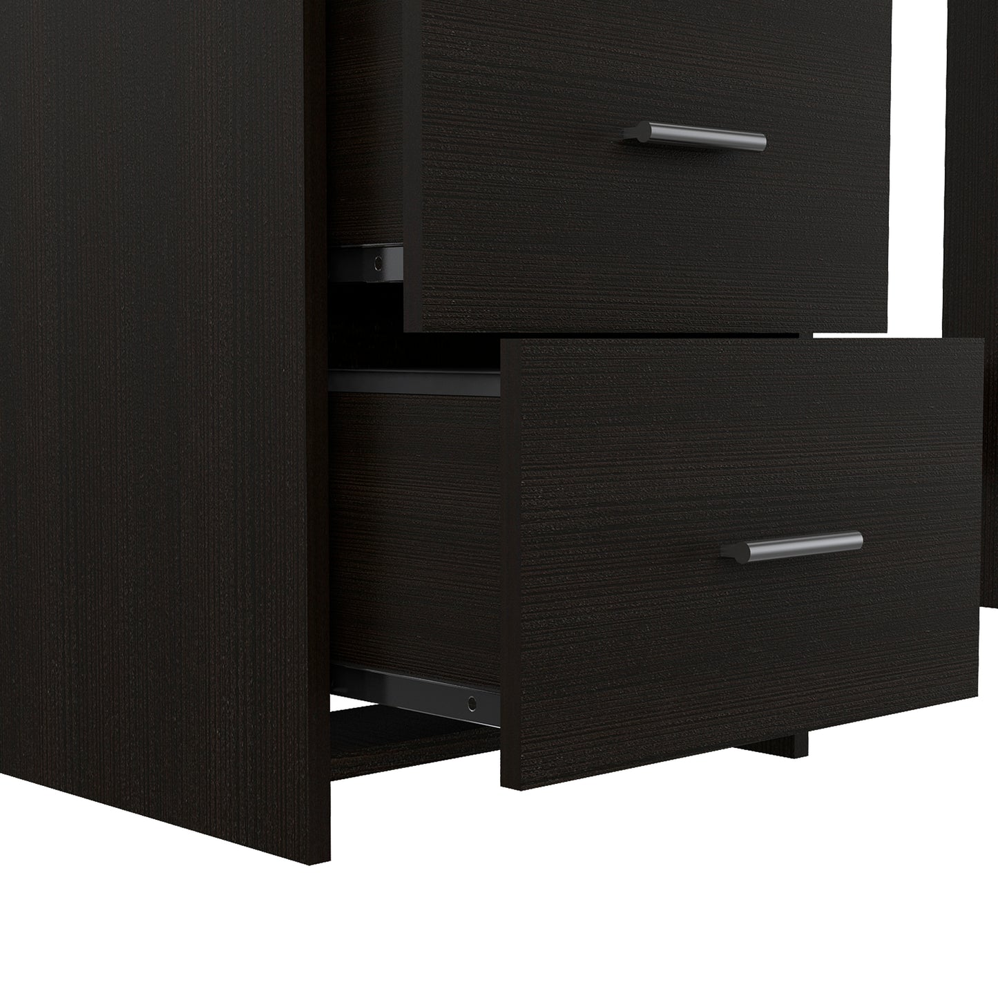 Dark espresso wood dresser with brushed nickel handles and two drawers extended