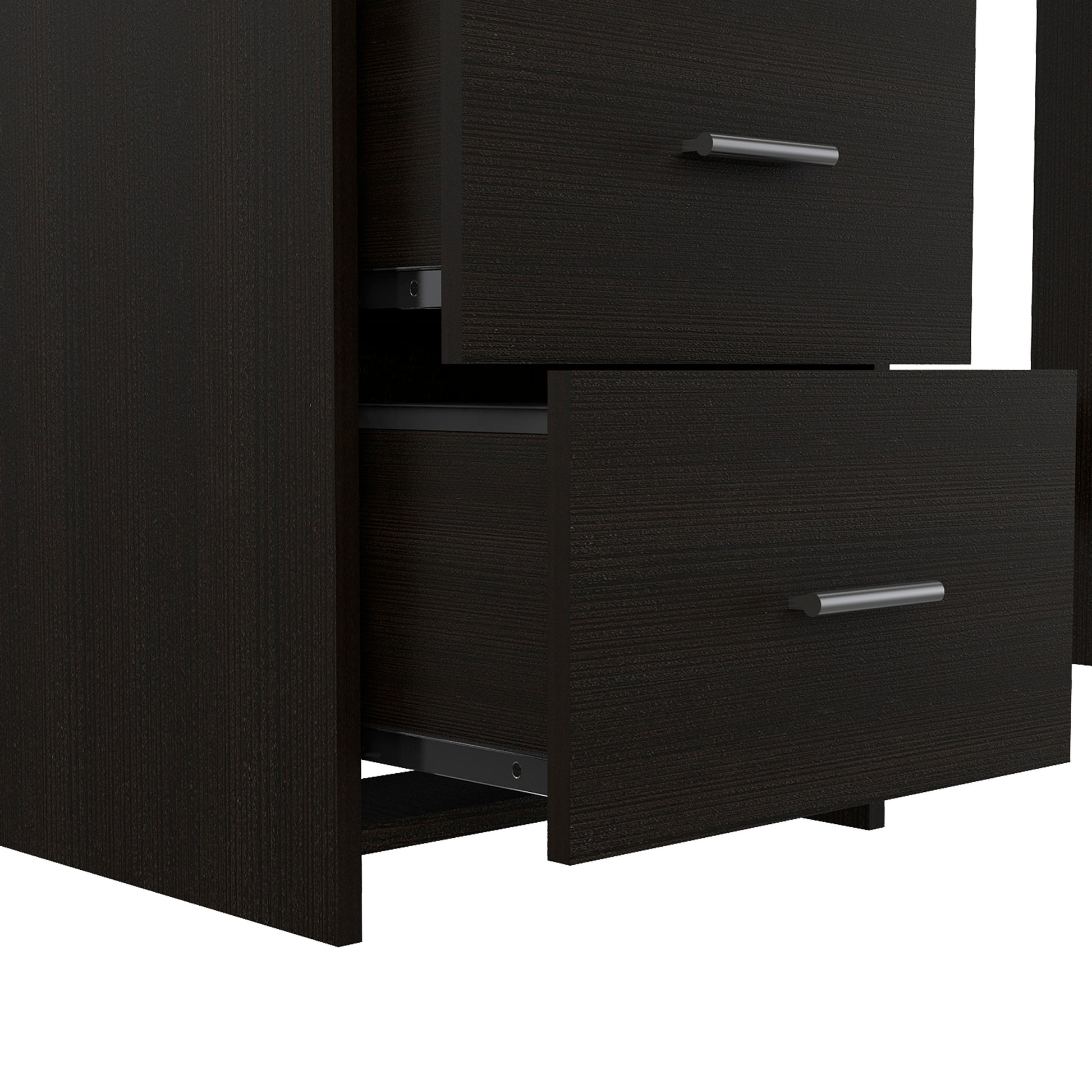 Dark espresso wood dresser with brushed nickel handles and two drawers extended
