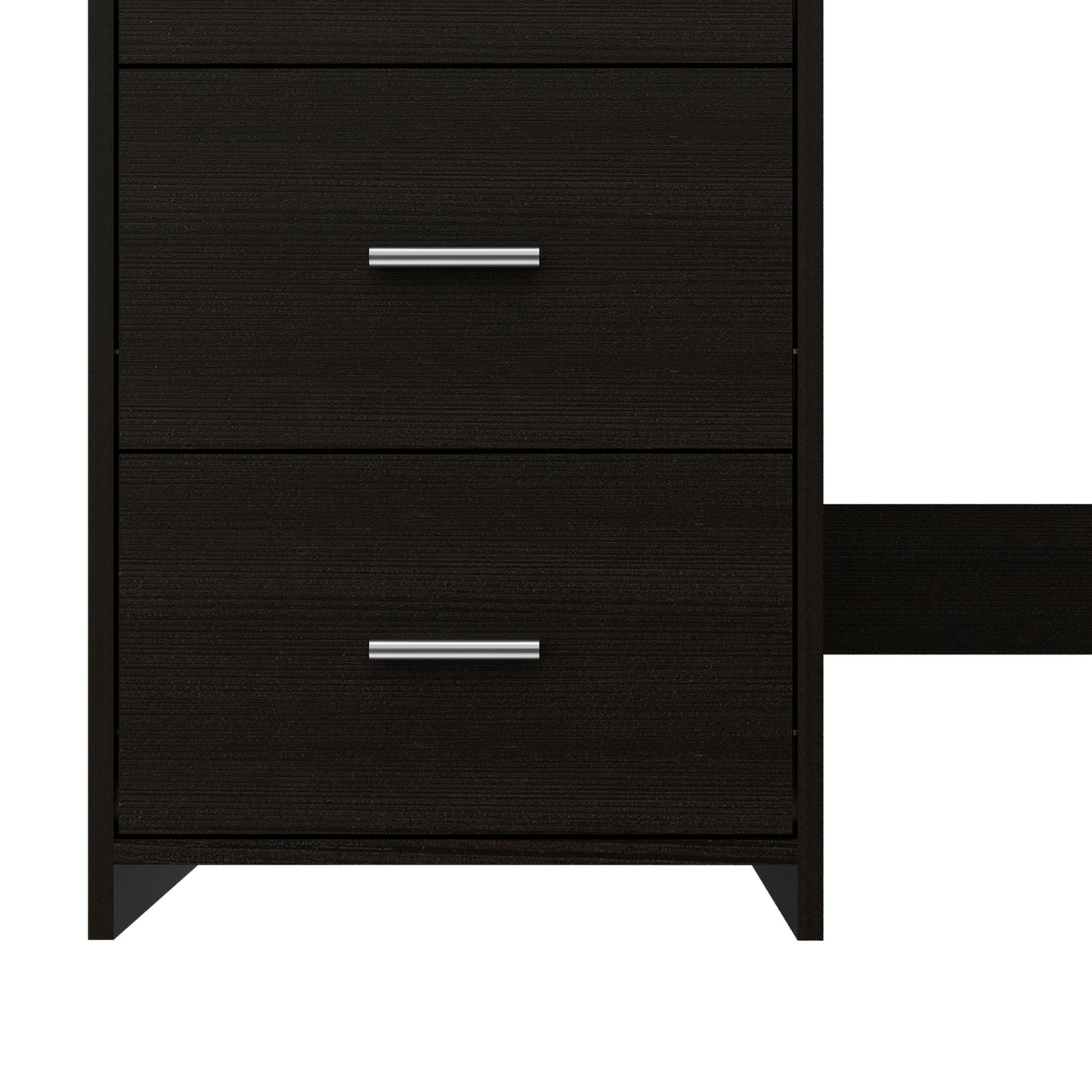 Dark wood finish bedside table with two drawers and silver handles