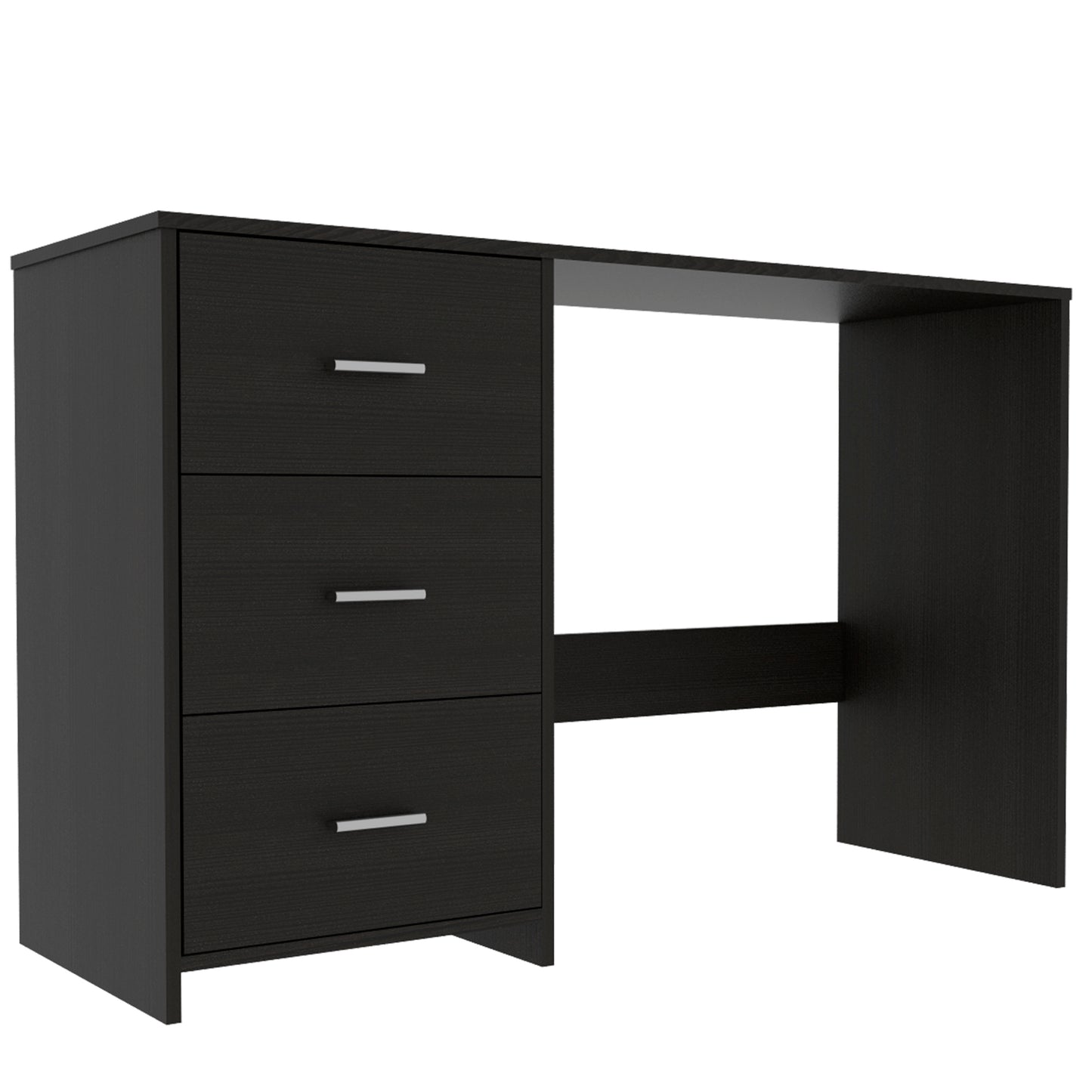 Dark wood veneer desk with three drawers and silver handles