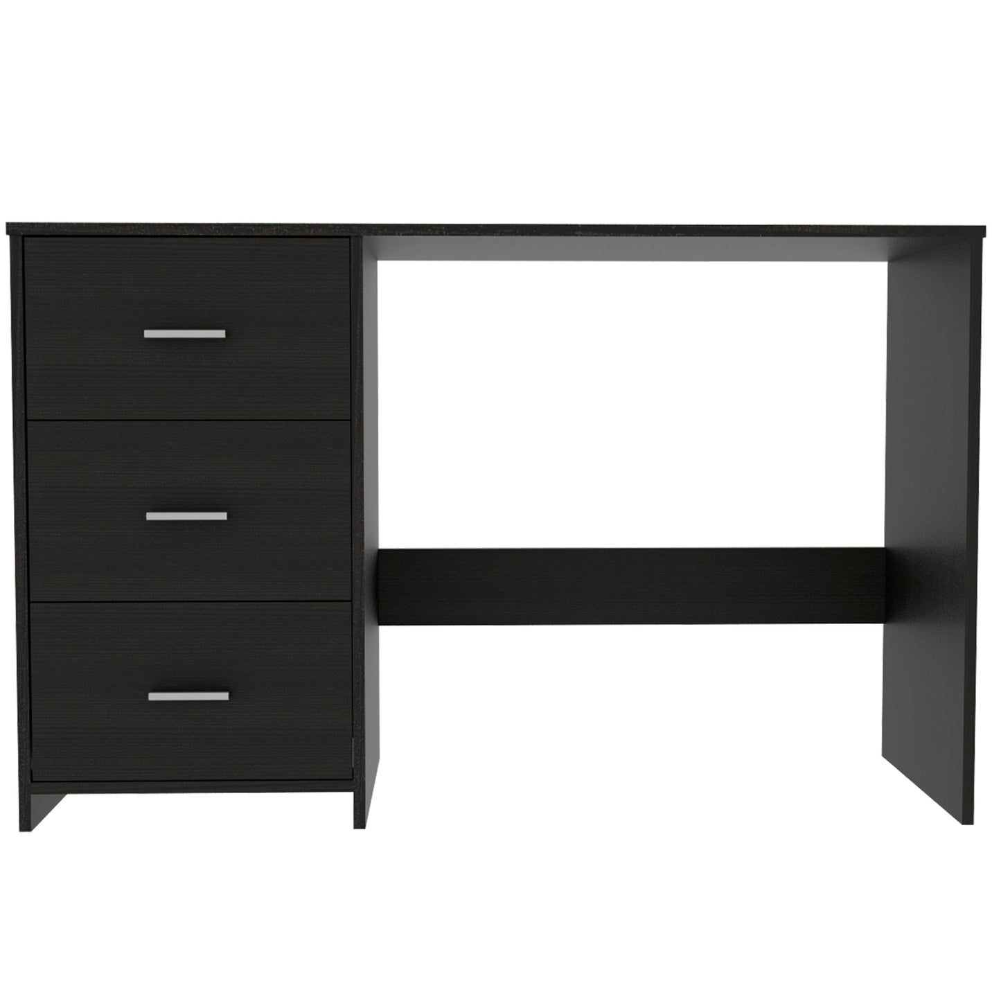 Dark brown woodgrain desk with three drawers on the left and open shelving