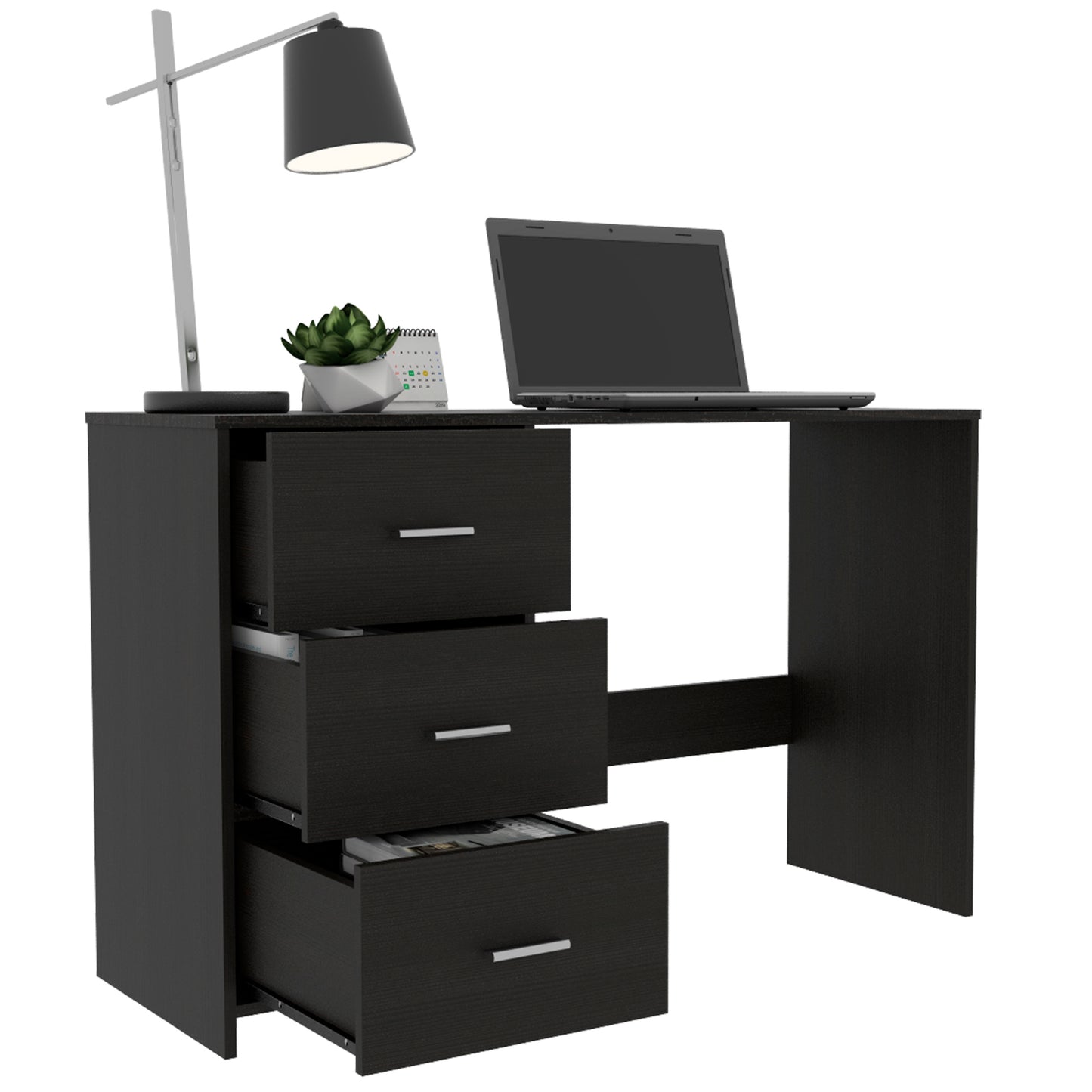 Black wood grain desk with three drawers and a laptop