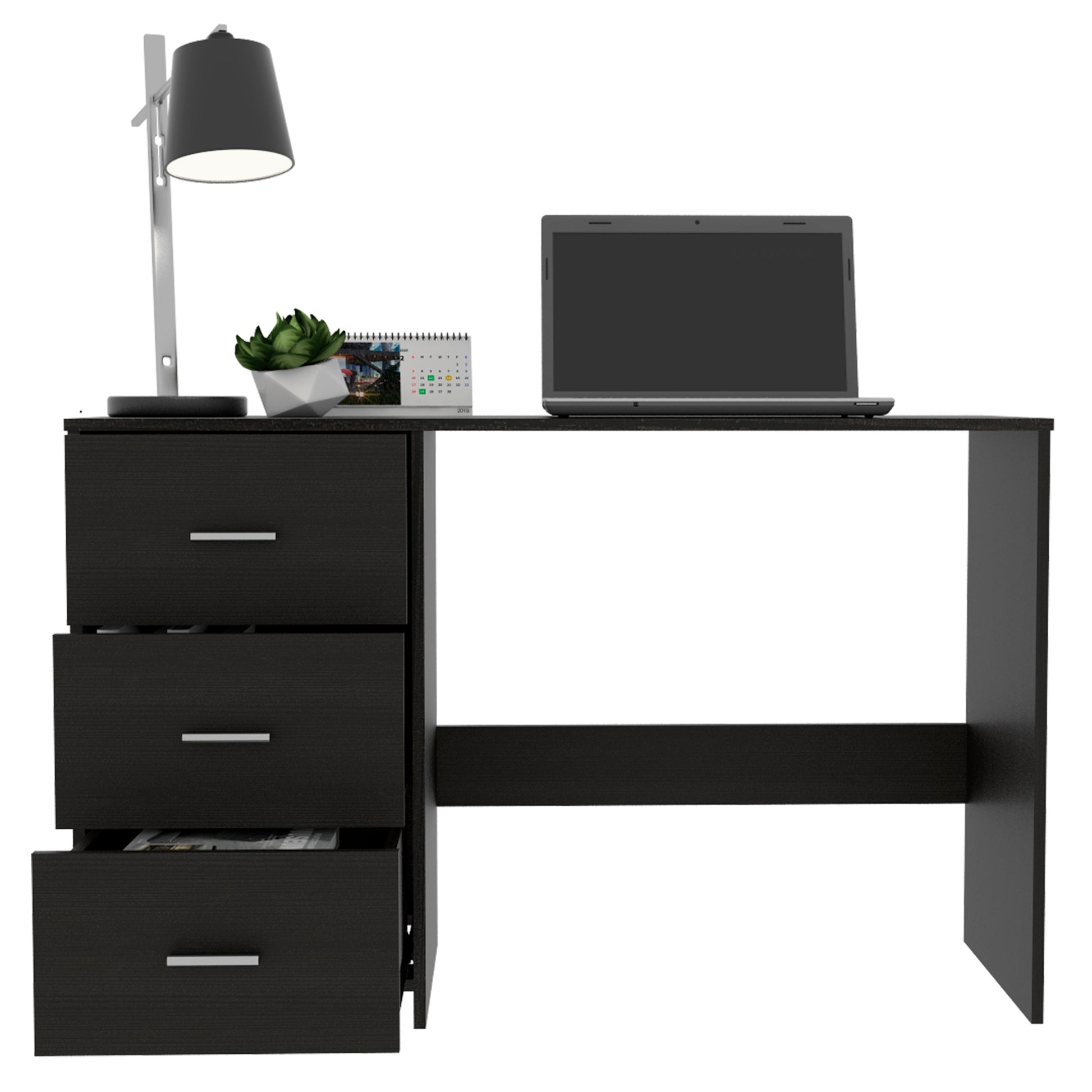 Dark oak finish computer desk with  drawers and silver handles