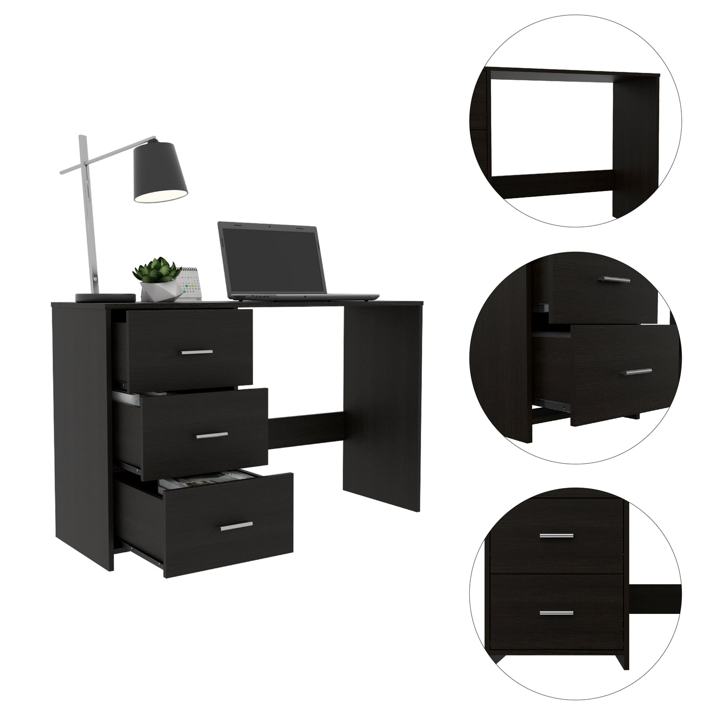 Dark brown modern desk with three drawers and a silver lamp