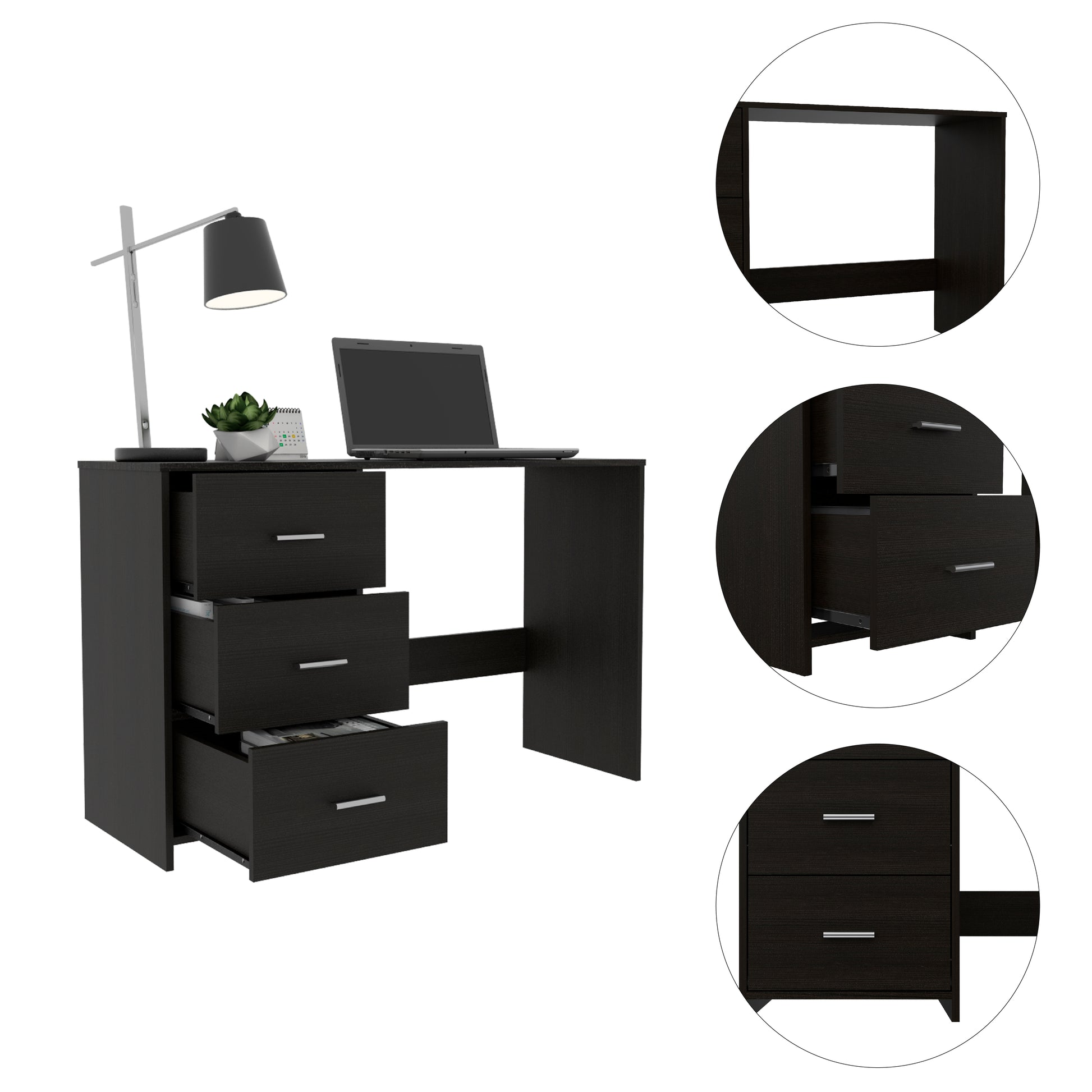 Dark brown modern desk with three drawers and a silver lamp