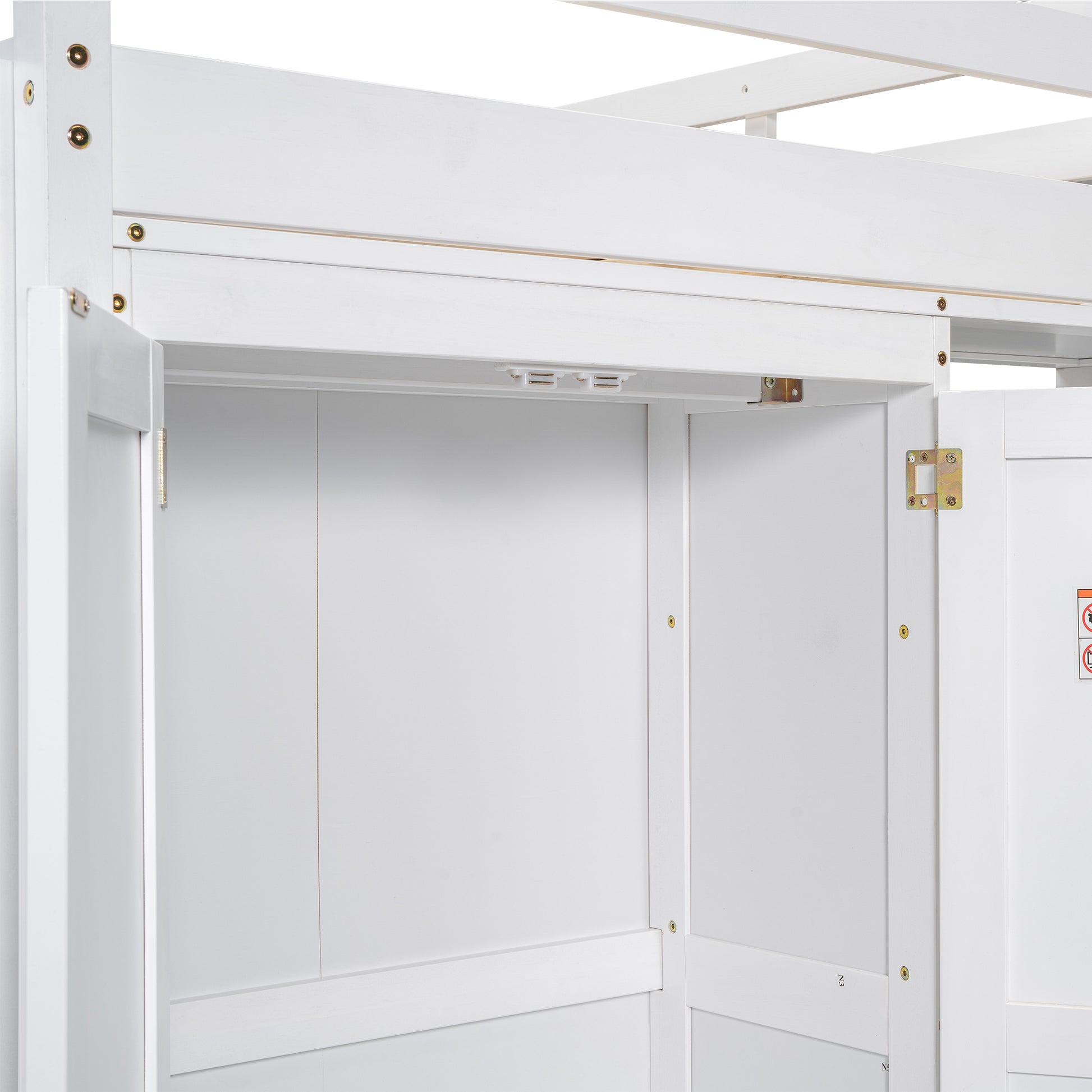 Closeup of white wooden loft bed frame with visible hardware