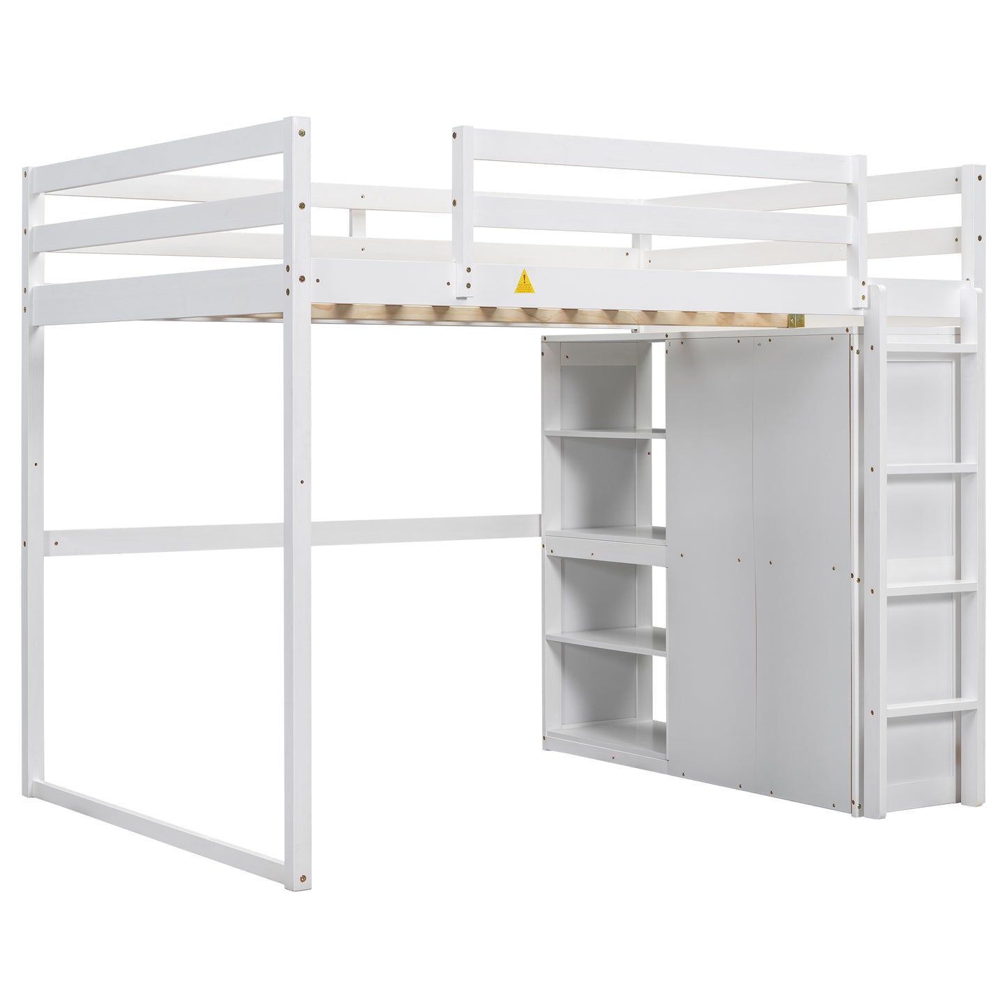 White wooden loft bed with integrated shelves and ladder